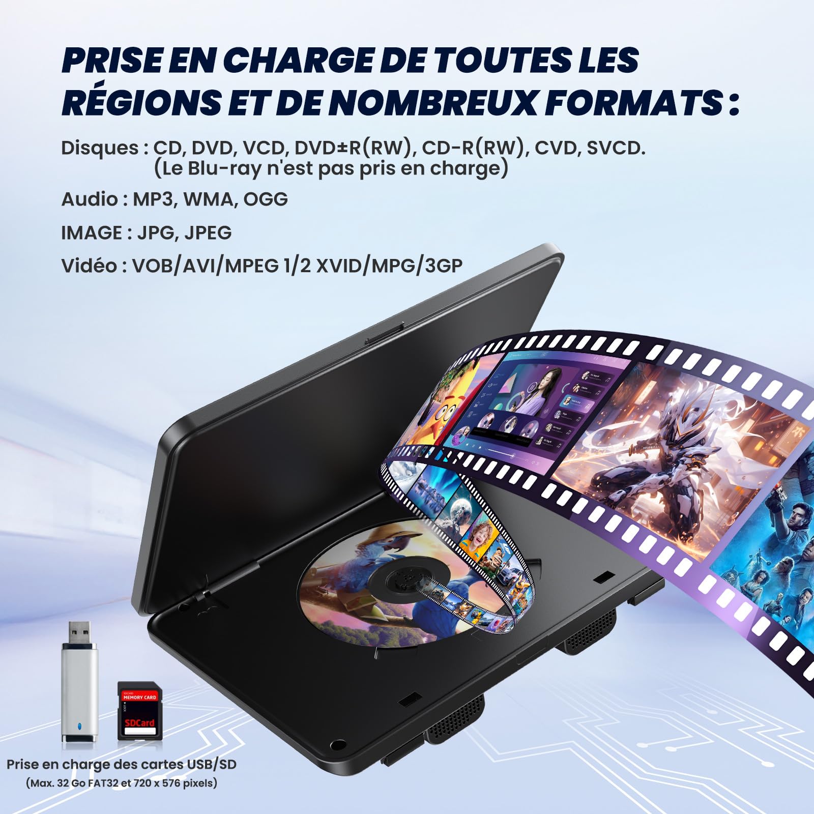 GOnavidio 10,1" Lecteur DVD Voiture 2 Ecrans pour Enfant avec 2 Casques, Région Libre,ecrans Voiture Enfant de 5 Heures pour Voyage,Prise en Charge USB/SD(Un Lecteur et Un Moniteur)