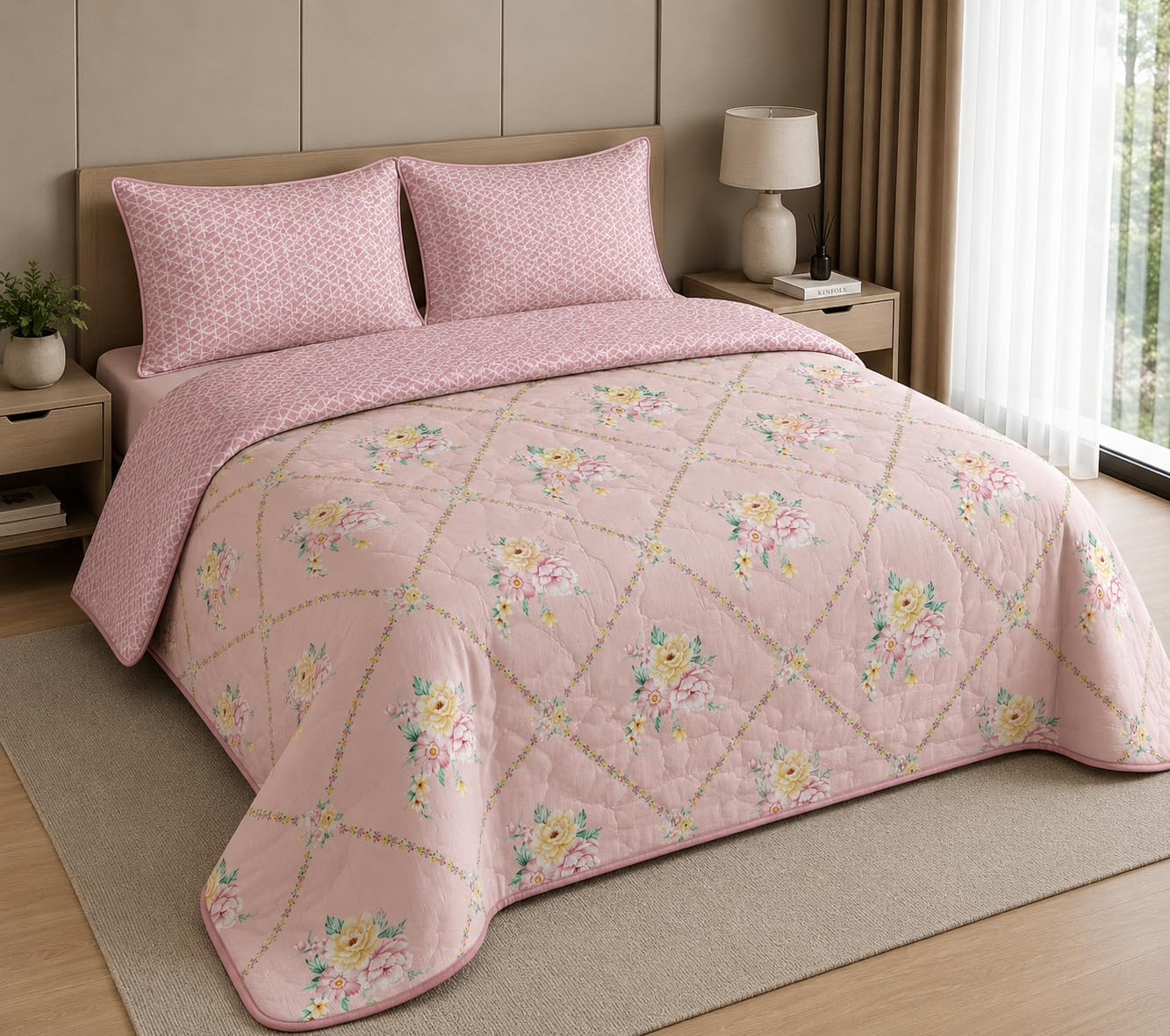 Luxury Ultrasonic Double Bed Bedcover (88x96 Inches) – Premium Glace Cotton Feel Quilted Bedspread for Double Bed & Queen Size, Soft Threadless Summer Quilt Cover (Light-Pink)-image-14