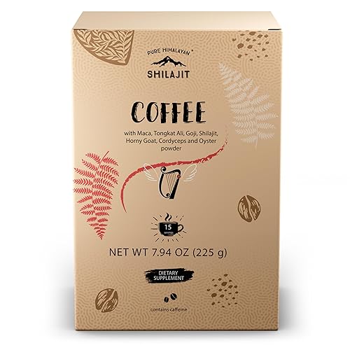 Pure Himalayan Shilajit Suplemento de café con 9 superalimentos, maca, Tongkat Ali, Goji, Shilajit, cabra cachonda, cordyceps, polvo de ostras para