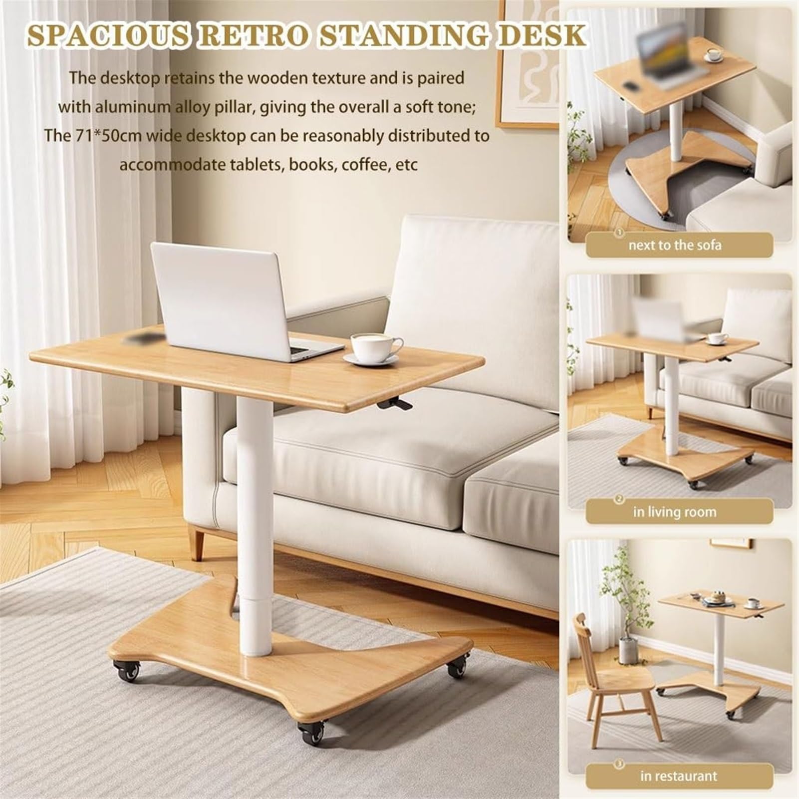 SDdPulse Scrivania mobile per computer portatile con ruote, stabile e portatile, tavolo con supporto pneumatico, tavolo da letto mobile per la casa, con solida base a forma di C, A