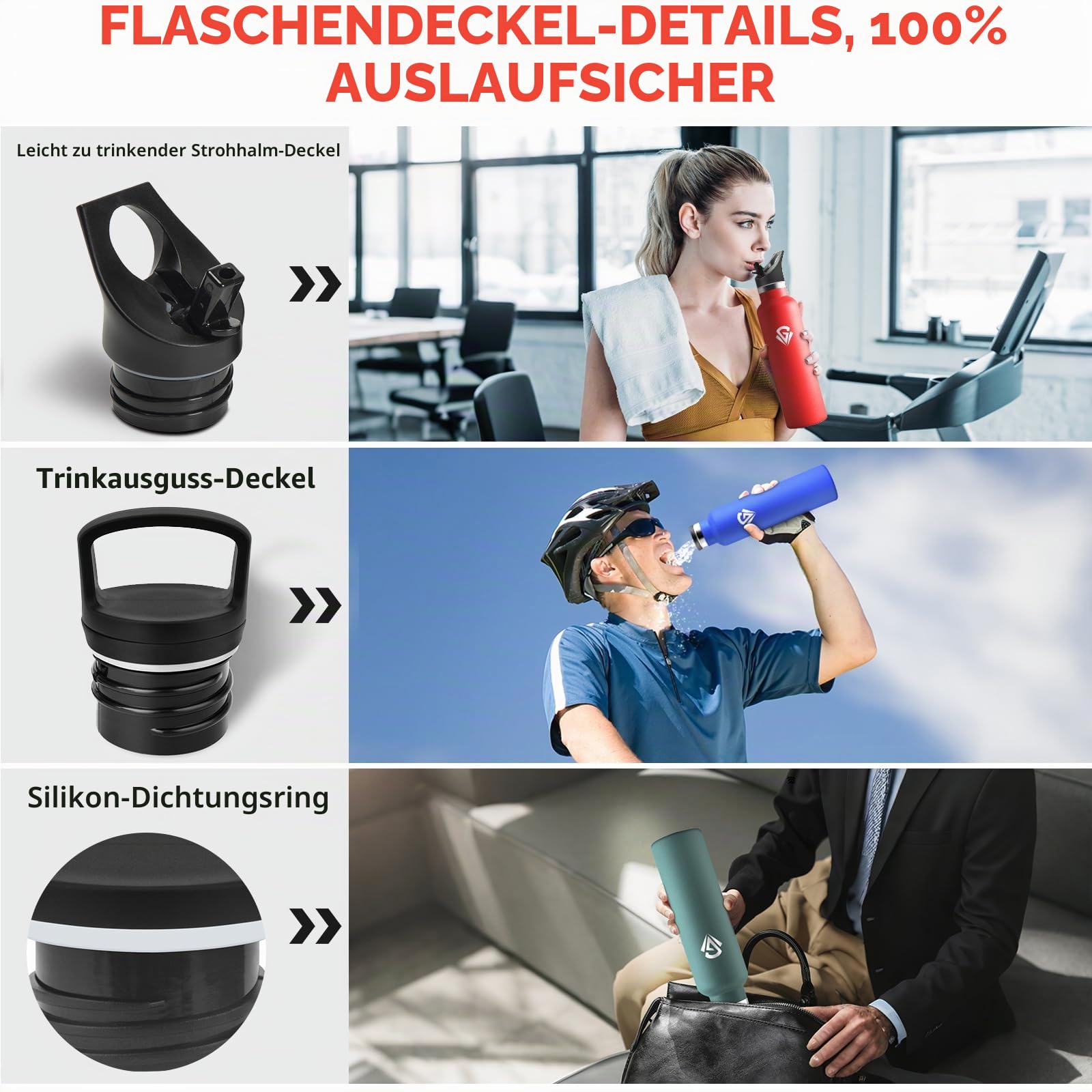 HoneyHolly Trinkflasche 1L, BPA-Frei, Wasserflasche Edelstahl, Auslaufsichere Isolierflasche Doppelwandig, Trinkflasche Mit Strohhalm, Isolierflasche für Büro, Fitnessstudio, Camping - Rot