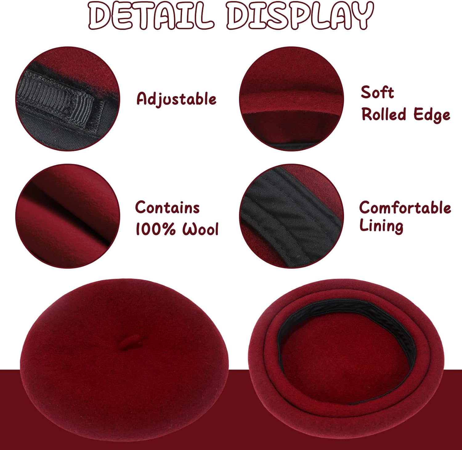 100% Wool Beret Hats for Women Men,Classic French Hat,Adjustable Headband, Handmade Rolled Brim. - Image 3
