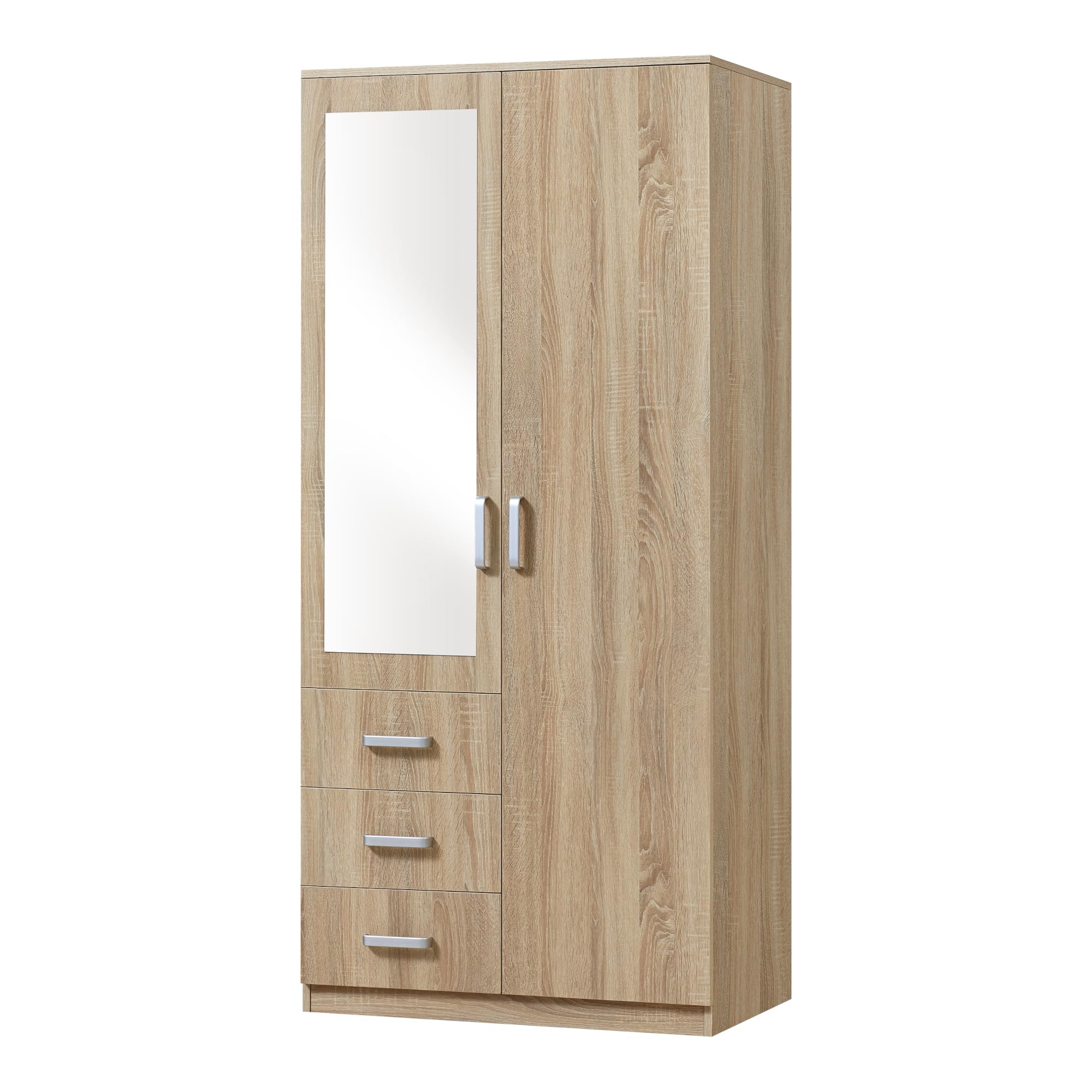 [en.casa] Armadio Guardaroba per Camera da Letto Armadio Chiuso con Ante Scomparto con Asta Appendiabiti Cassettiera e Specchio 176 x 80 x 52 cm MDF, Effetto Rovere Sonoma