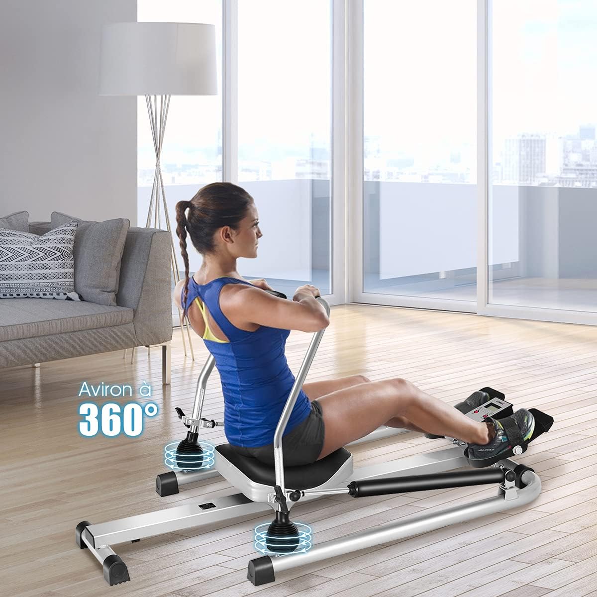 Woman using the GYMAX rowing machine, illustrating the 360-degree rowing motion.