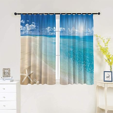 Amazon ビーチ 子供部屋 遮光カーテン 晴れた夏の海岸と澄んだ空貝殻ヒトデ雲水生画像 無地 グレー ドレープカーテンおしゃれ サイズ 幅 100 丈 60 2枚組 カーテン オンライン通販