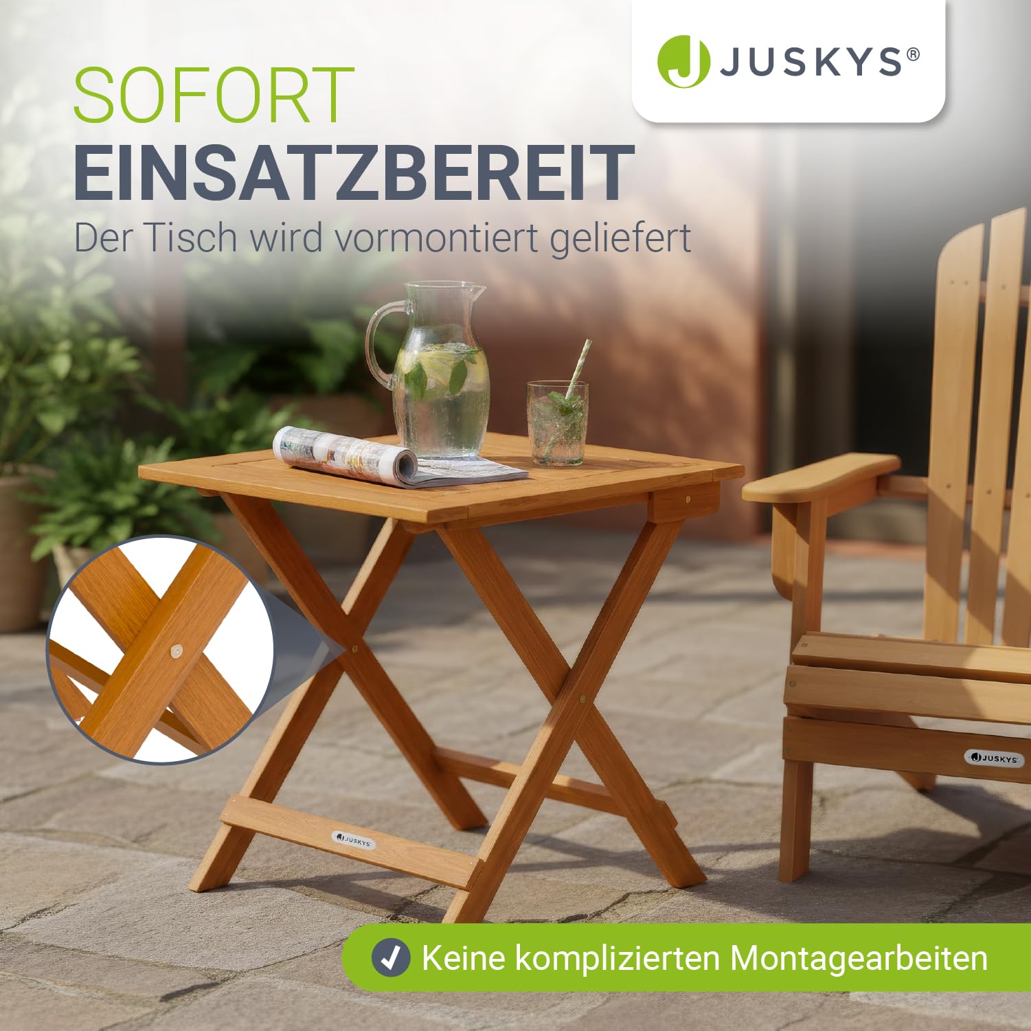 Juskys® Beistelltisch Zadar S - Klappbar für platzsparende Nutzung, aus geöltem Akazienholz, ideal für Garten und Balkon, 46x46x46 cm
