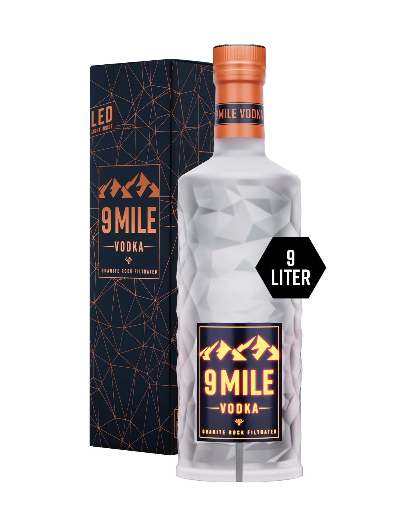 9 MILE Vodka 9l inkl. Geschenkverpackung – 37,5% Vol. Premium Vodka mit LED-Beleuchtung, Granite Rock Filtration & mildem Geschmack – ideal für Events & große Runden