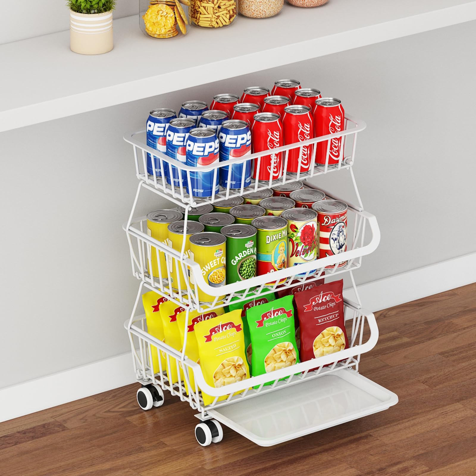 3-Tier Rolling Pantry Floor Organizer, Stackable Pantry Storage Cart with Wheels, Metal Wire Snack Baskets, Kitchen Fruit Basket Stand, Vegetable Storage Rack for Fruits Onions Potatoes Snacks, White