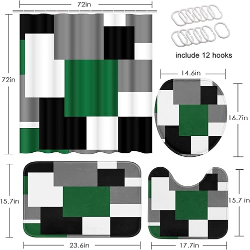 Miniatura 2 de ArtSocket Juego de baño geométrico verde con cortina de ducha y accesorios de alfombras, cortina de ducha militar moderna negra y gris, decoración