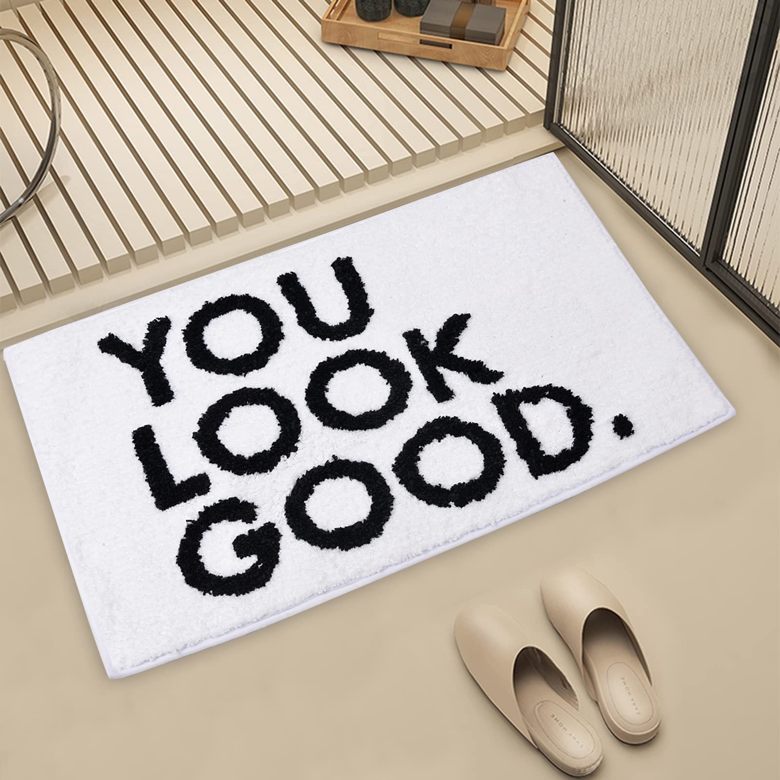 ChezMax You Look Good Bath Mat, Non-Slip Microfiber Shower Mat, Cute Absorbent Shower Rug, Funny Bathroom Decor for Bathtub, White Bathroom Rug,