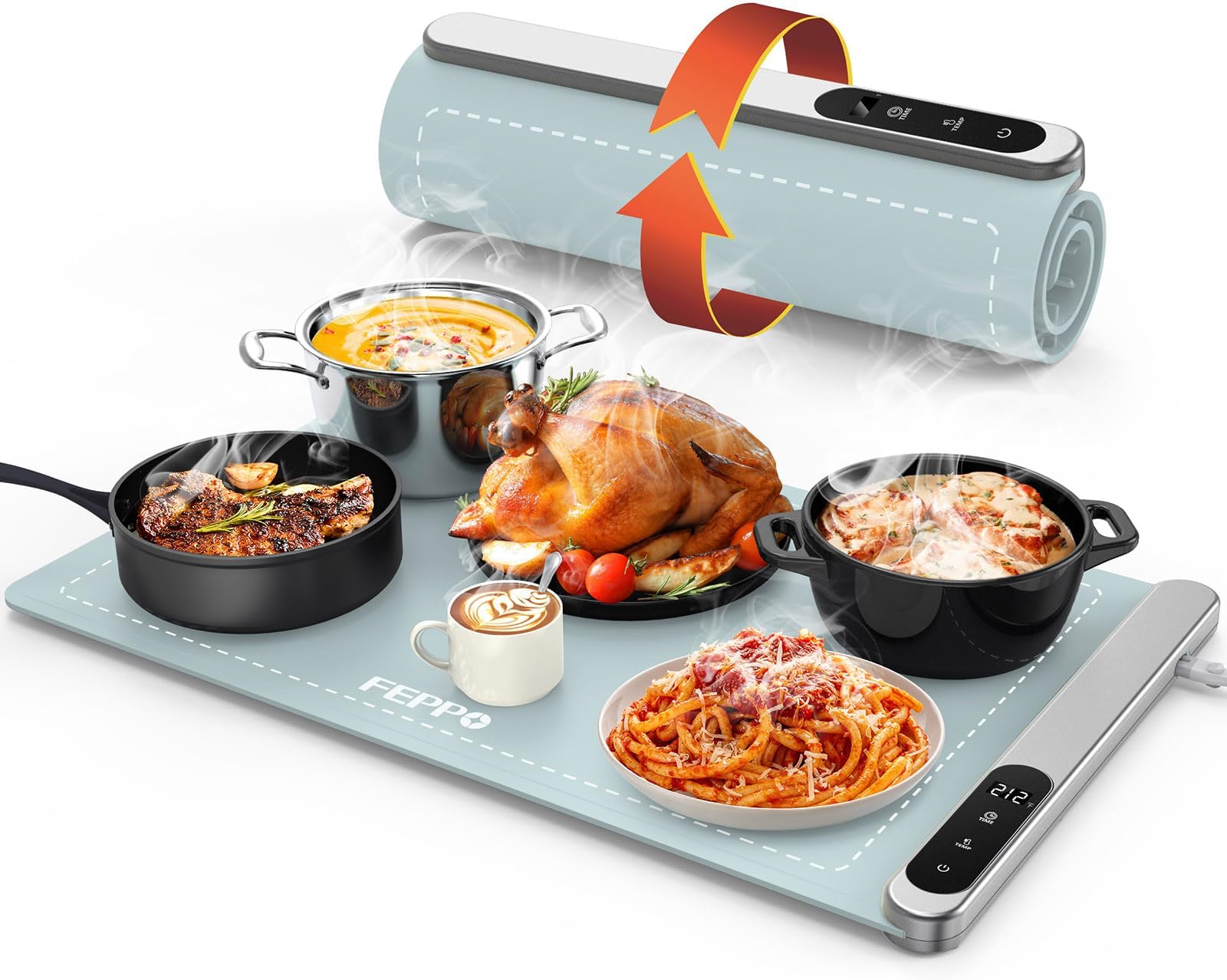 FEPPO Food Warming Mat, Upgrade High-tech Graphene Heating Film, Fast Full Surface Electric Warming Tray with 6 Level Adjustable Temperature and 6 Hours Timer, Roll Up Food Warmers for Parties Buffet