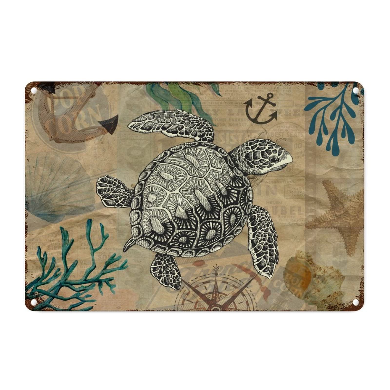 Cadeau décoration métal vintage tortue de mer et étoile de mer aquarelle