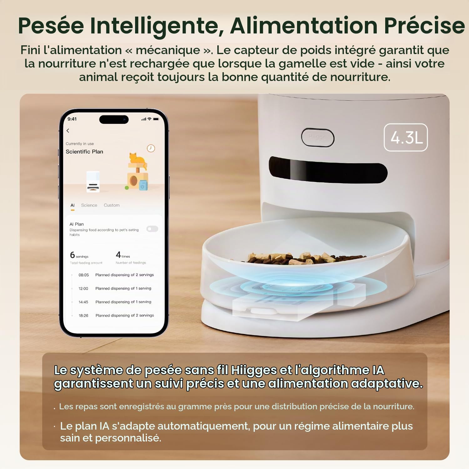 Distributeur Croquettes Chat Automatique,2.4G WiFi,4.3L Distributeur Automatique de Croquettes Chien avec APP,Plan d'alimentation AI,Bol en céramique - Blanc