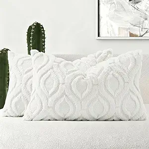 decorUhome Throw Pillow Covers 12x20 Inch Set of 2, Soft Plush Decorative Faux Fur Cream White Solid Couch Pillow Covers, Accent Farmhouse Neutral Lumbar Euro Pillow Cases for Sofa Bed Living Room