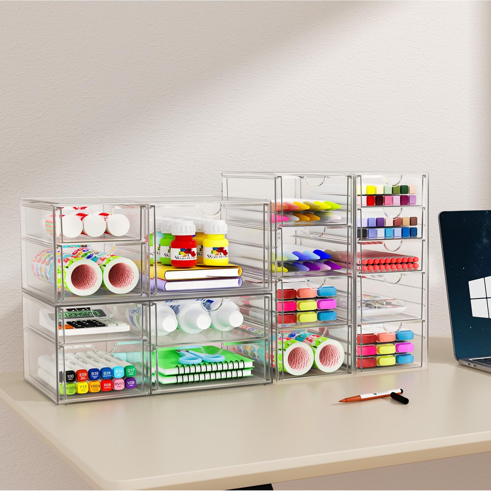YFXCVSL Organizador de maquillaje acrílico con 31 cajones, paquete de 6 cajones de almacenamiento transparentes, organizador de maquillaje de baño para paletas, cosméticos y suministros de belleza,