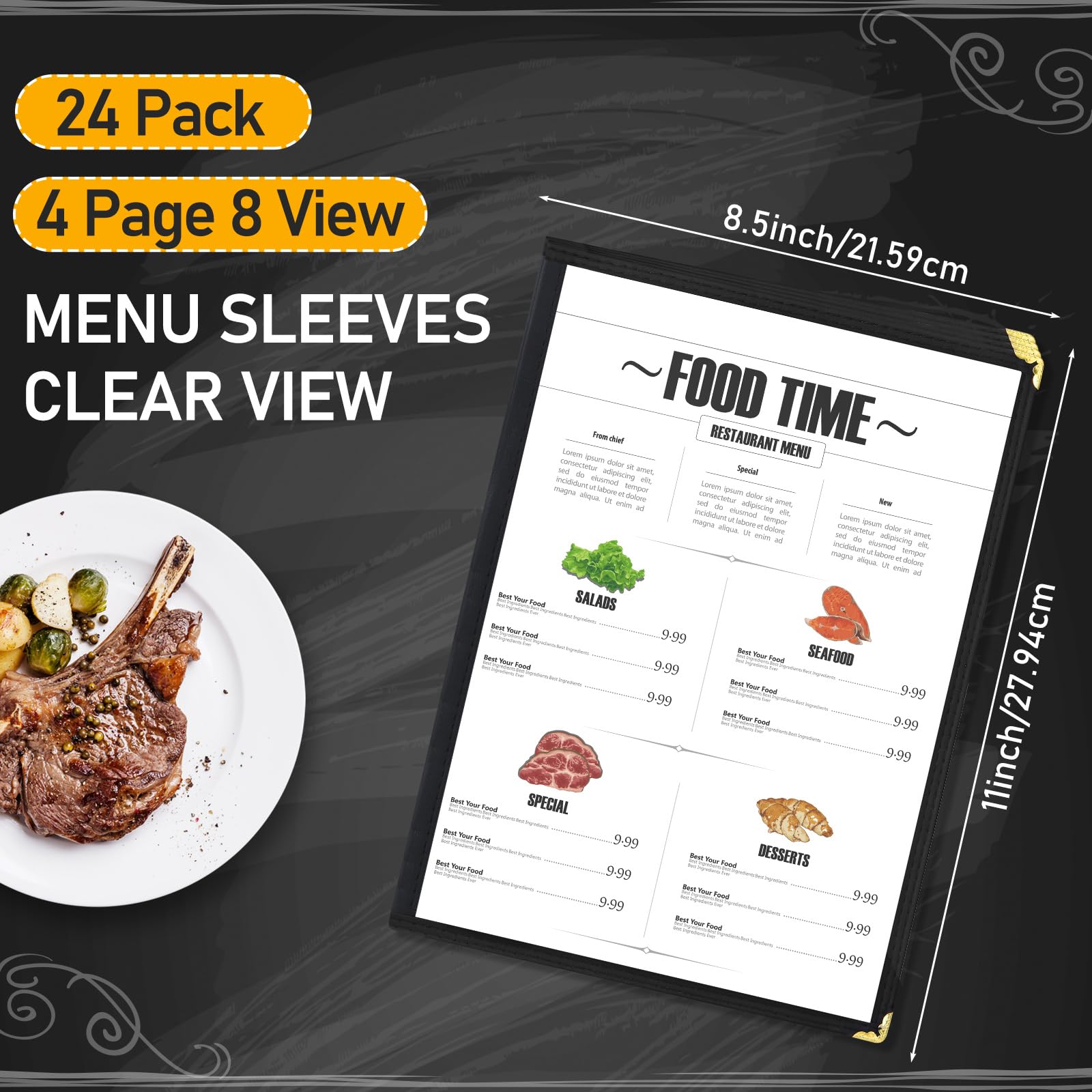 Cinnvoice 24 fundas para menú de restaurante de 8.5 x 11 pulgadas, estilo libro, 4 páginas, 8 vistas, PVC, transparente, soporte para menú, libro para cafetería, bar, hotel, color negro