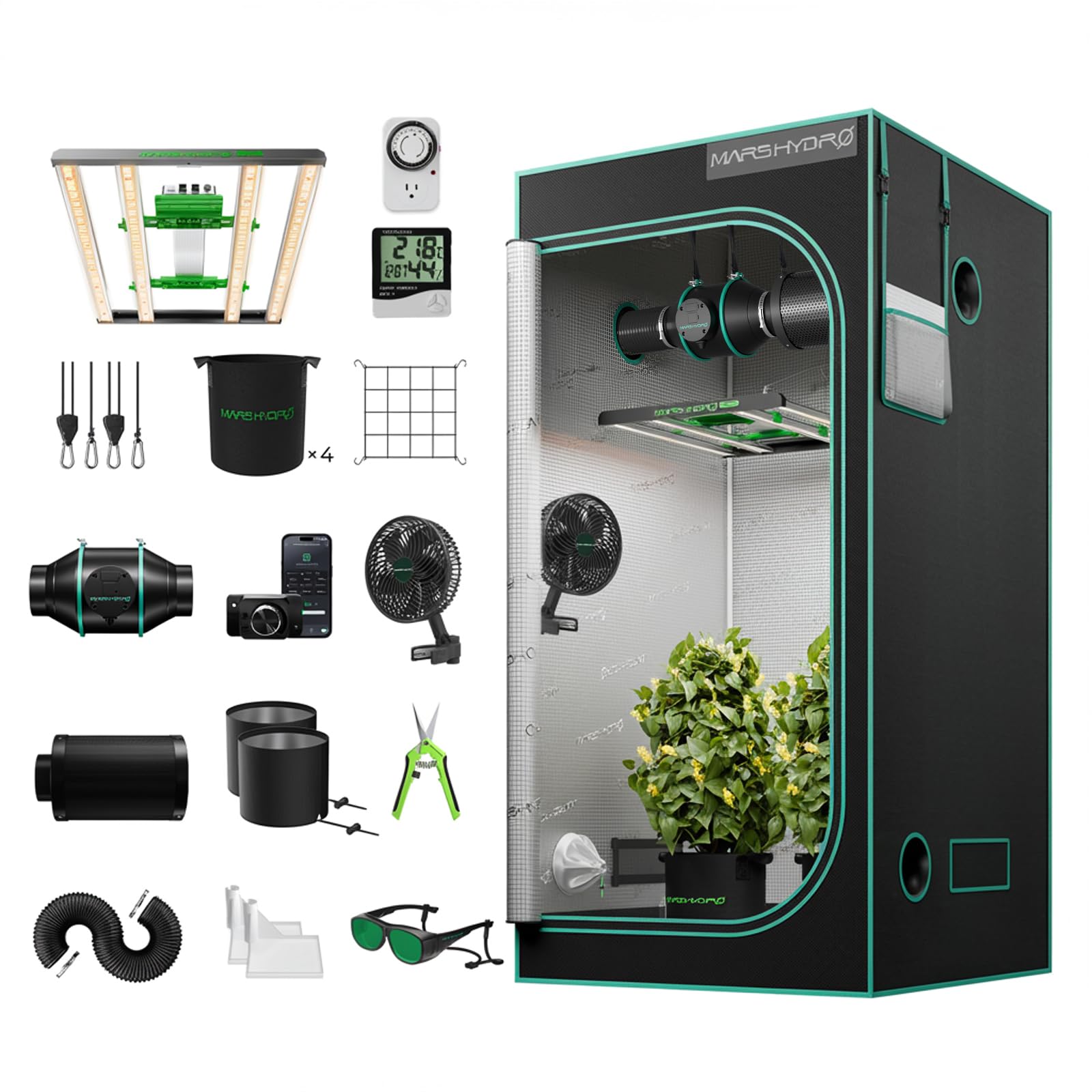 MARS HYDRO - Kit complet de lampe de culture LED Samsung LM301H FC3000 - Réglage par application - Intensité variable - 100 x 100 x 180 cm - 1680D - 1680D - Hautement réfléchissant - Boîte de culture