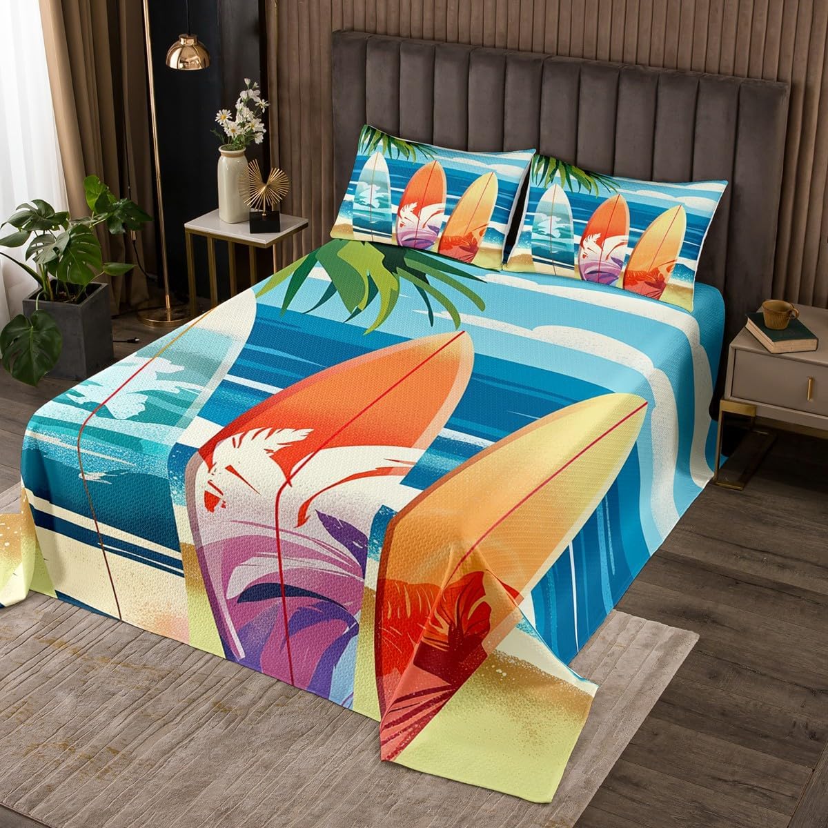 Manfei Kids Surfboard Bedspread Queen Size, Tropical Beach Palm Leaves Coverlet Set 3pcs for Boys Girls Room Decor, Blue Sea Wave Quilted Coverlet with 2 Pillowcases, Soft Polyester Bedding Quilt
