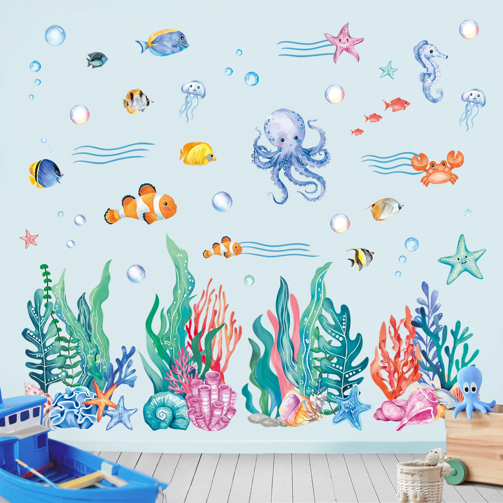 FUFUQUARE Cute Under The Sea Wall Stickers Cartoon Jellyfish Seaweed Peel and Stick Wall Decals DIY for Kids Bedroom Living Room Playroom