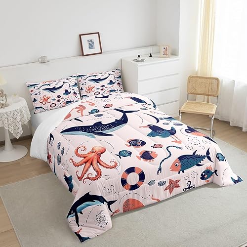 Miniatura 4 de Juego de edredón de animales costeros para niños y niñas, juego de ropa de cama de ballena de dibujos animados, relleno de edredón de delfín de