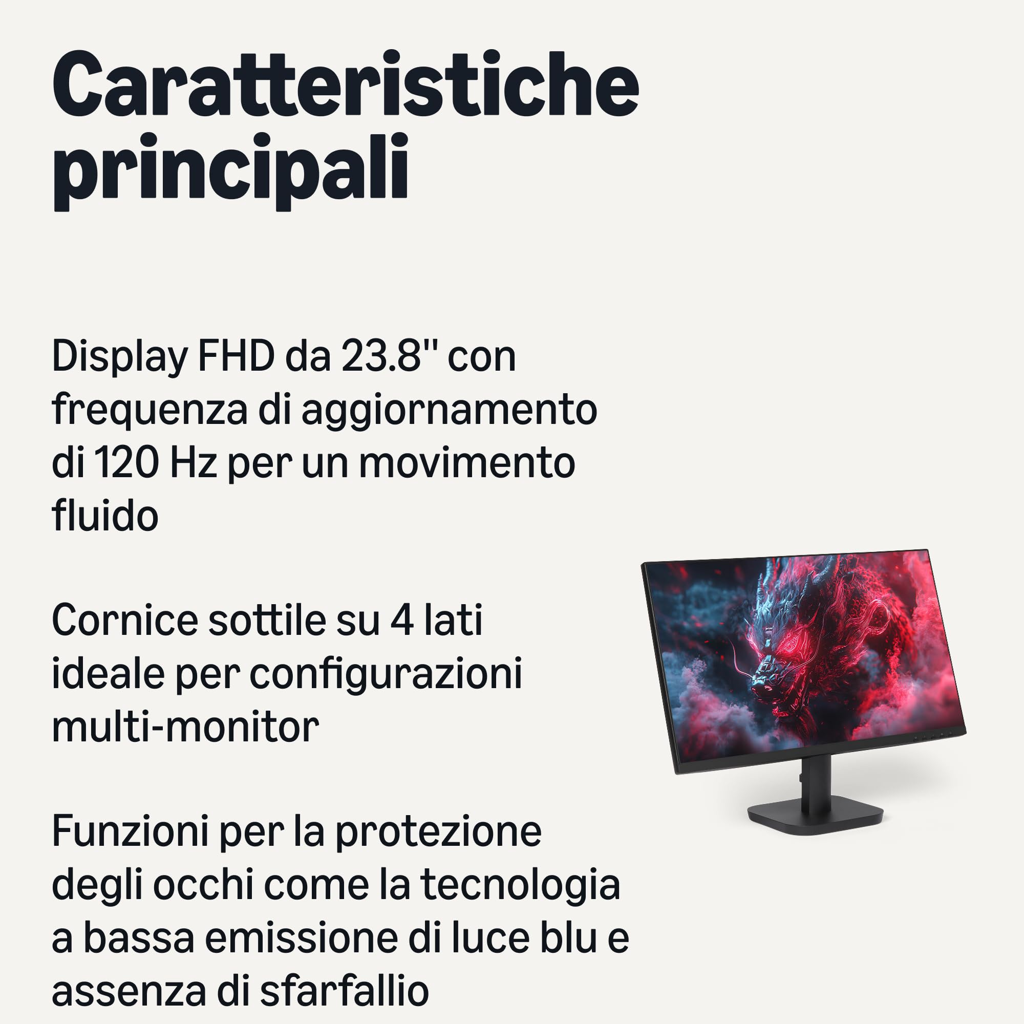 Amazon Basics Monitor per Computer da 23,8 Pollici 120 Hz, FHD 1080 P, HDMI, DP, VGA, Compatibile VESA, per Ufficio, Casa, Nero
