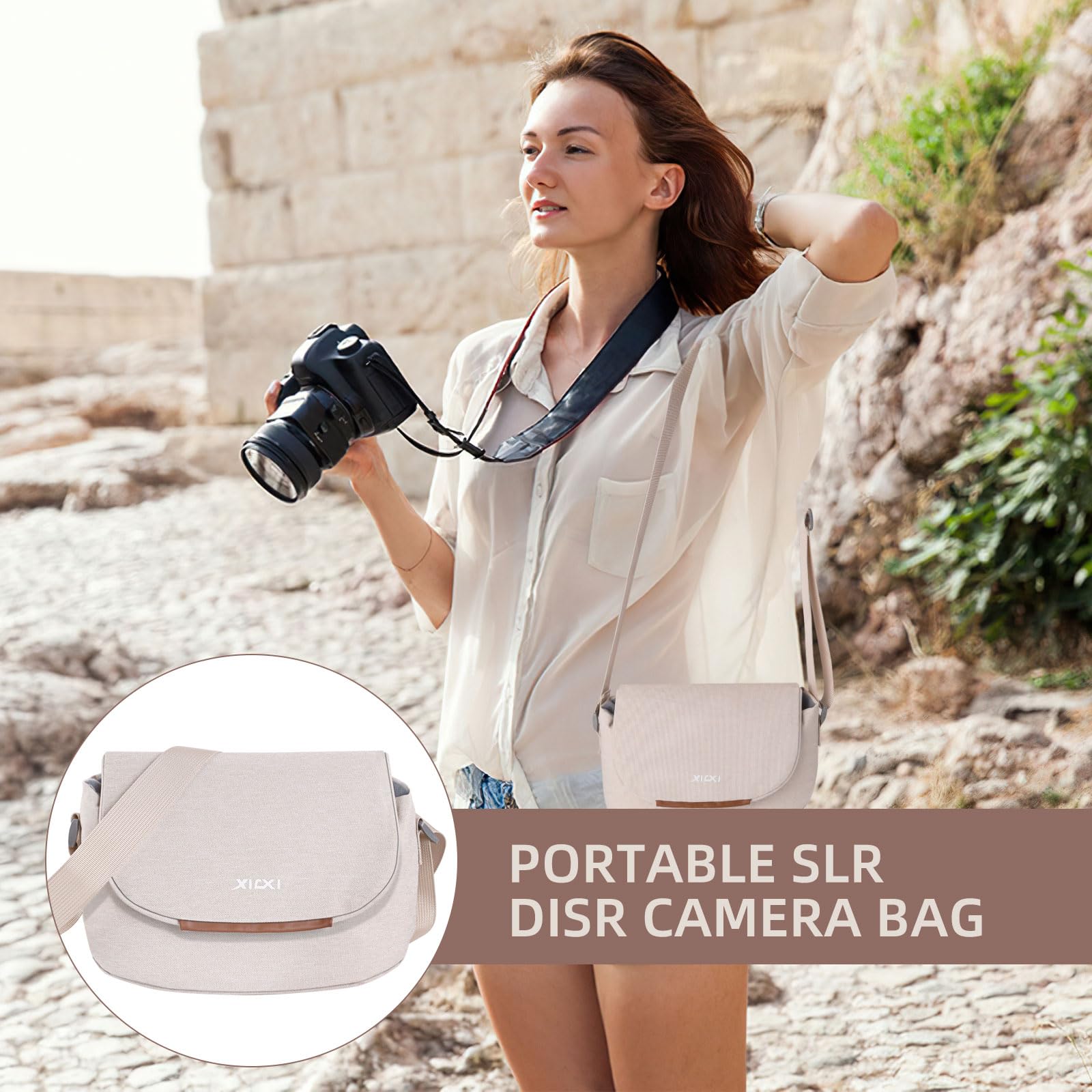 Hainue Sac Appareil Photo SLR,Crossbody Bandoulière Housse de Protection pour Appareil Photo,Sac Photographe avec Rembourrage Intégré est Compatible avec Canon/Sony/Nikon (Beige)