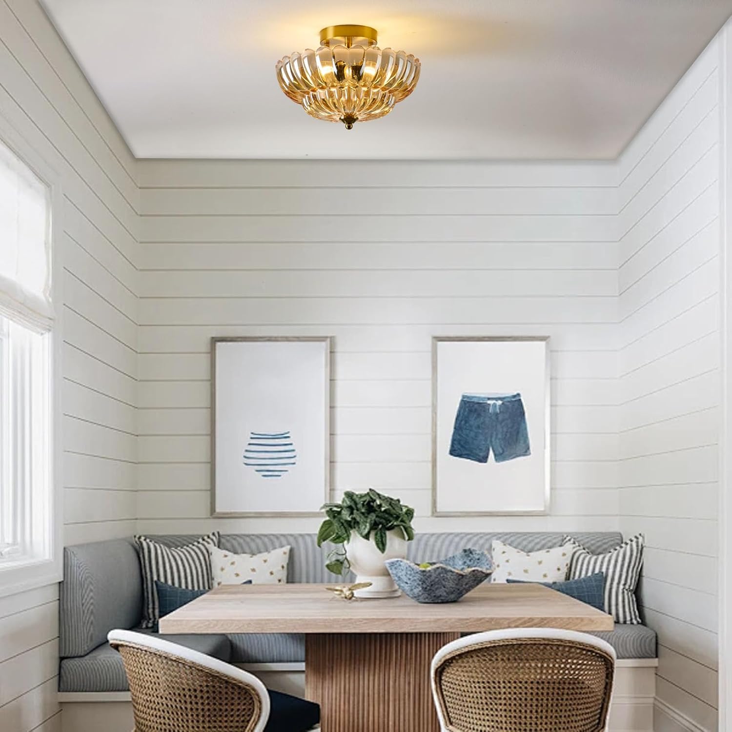 Semi Flush Mount Ceiling Light, 12 Inch Vintage Gold Fixture with Amber Glass Shade, 3-Light Close to Ceiling Lighting for Hallway, Entryway, Bedroom, Bathroom，Kitchen, Mid Century Modern