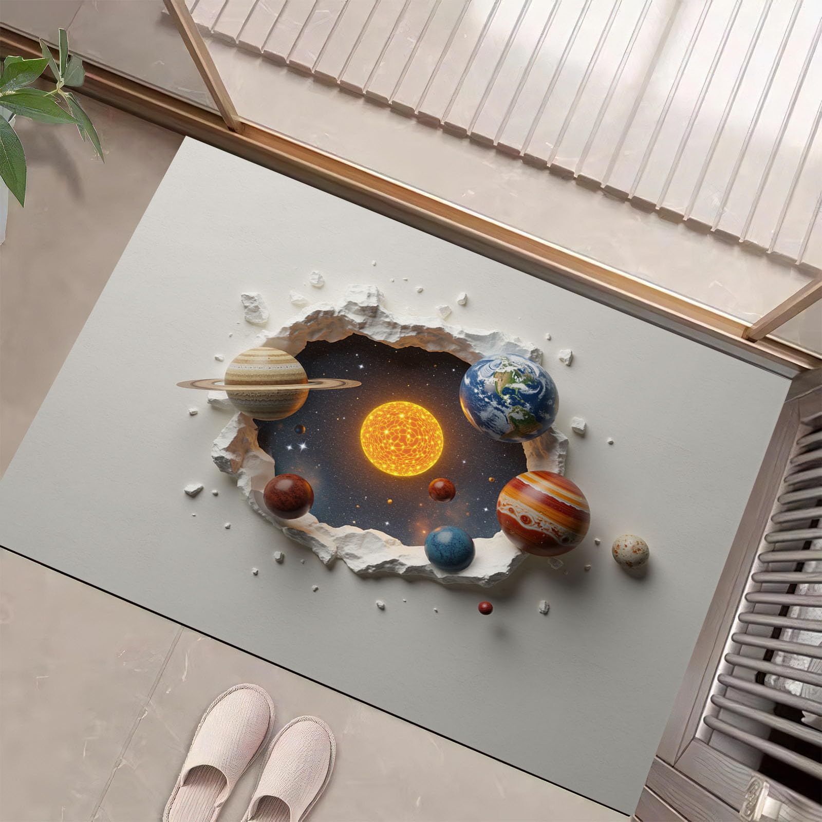 Paillasson interieur style spatial planetes pour deco entree et tapis de cuisine lavable