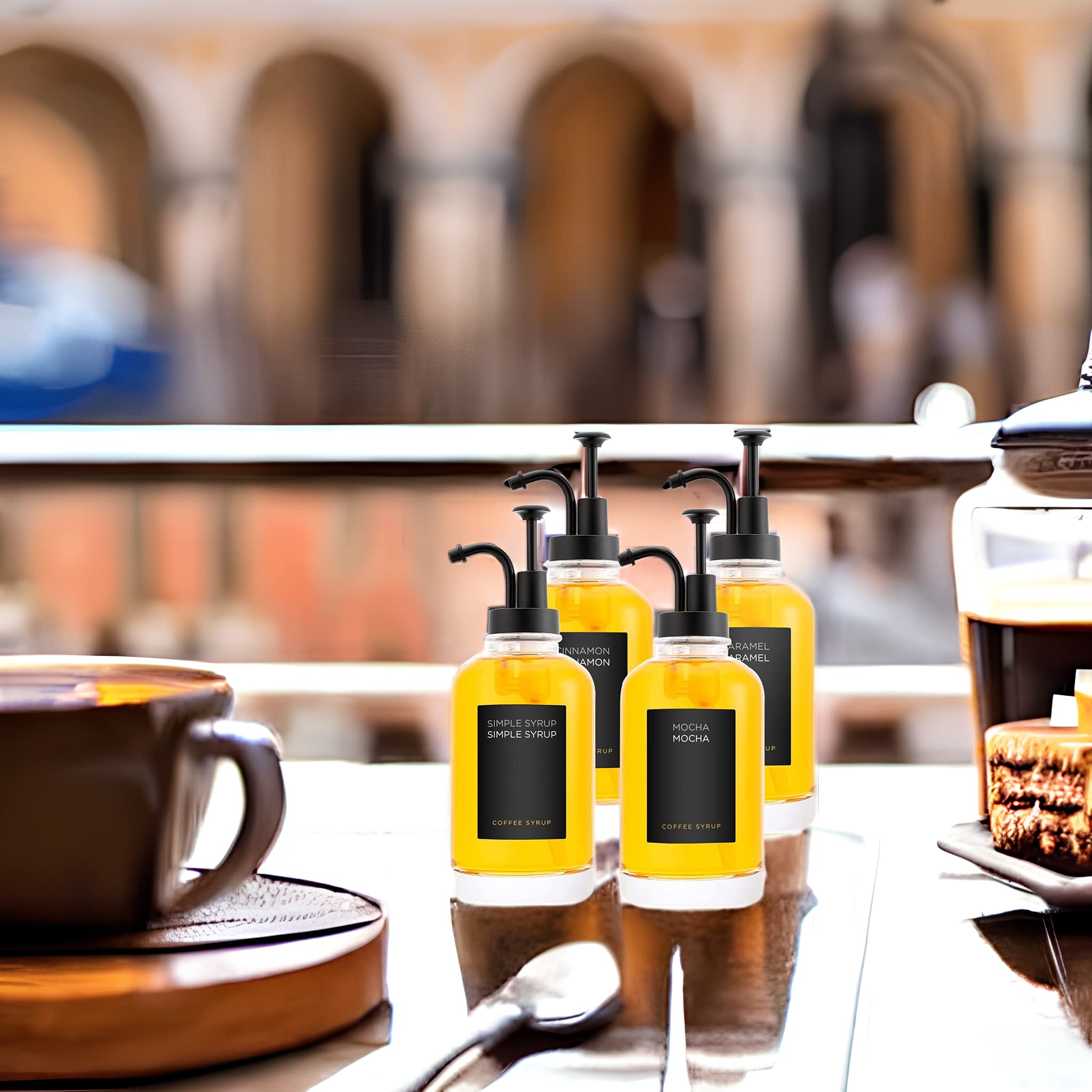 Joyfulmap 4 dispenser per sciroppo di caffè, dispenser nero a pompa con bottiglie per accessori da bar, bottiglia da caffè minimalista in vetro per semplici sciroppi di acero/caffè, 500 ml (nero)