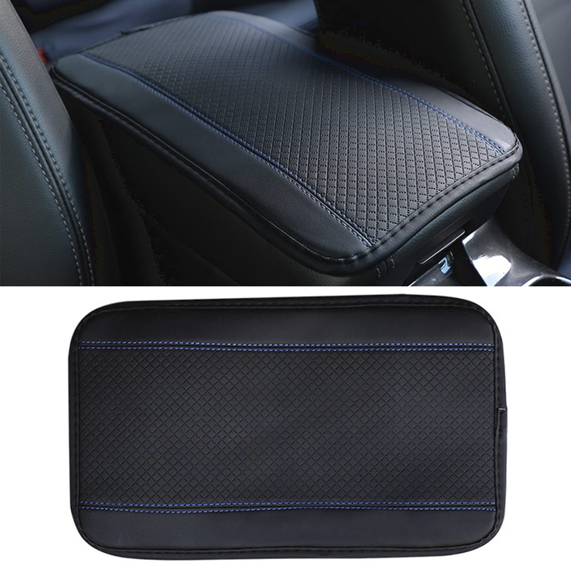JushopeCar Center Console Cover, PU Leather Car Armrest Box Pad, Universal Waterproof Auto Armrest Seat Box Protector, Interior Car Accessories for Most Car, Truck, SUV (Black-Blue)
