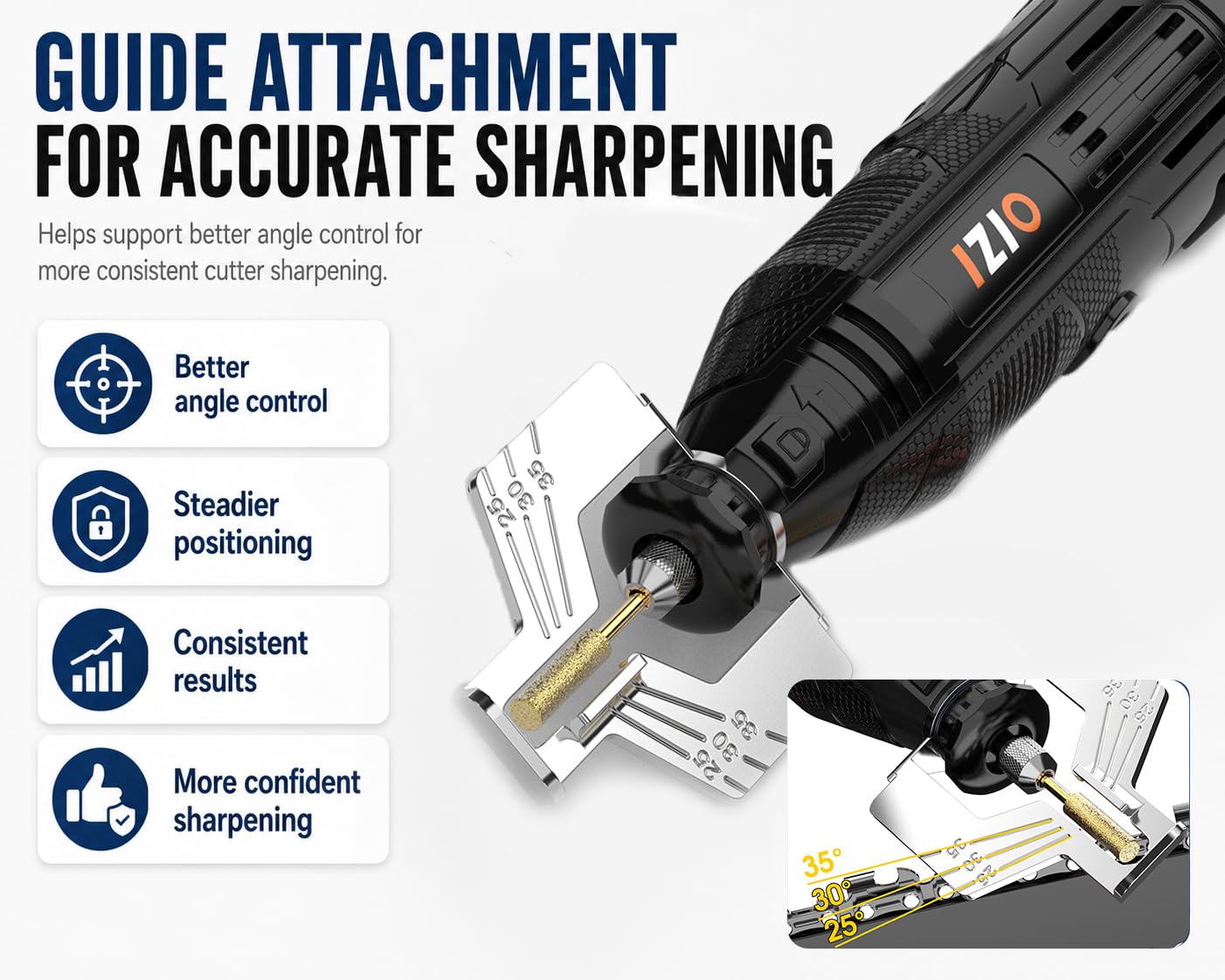 IZIO Kit de sacapuntas eléctrico de motosierra, herramienta afiladora de motosierra con piedras de molienda y gafas de seguridad, amoladora de cadena portátil para afilar dientes con precisión
