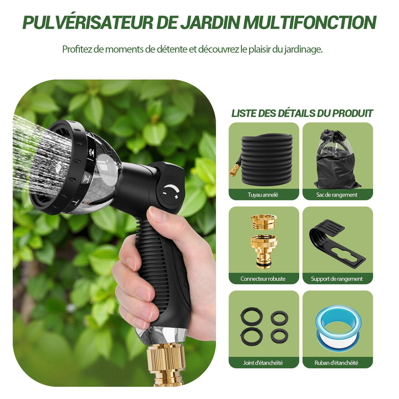 Tuyau Arrosage Extensible 30M - Tuyau D'Arrosage Flexible avec Pistolet à 10 Modes, Raccords Métalliques 1/2" et 3/4" pour Jardin, Lavage Voiture, Nettoyage