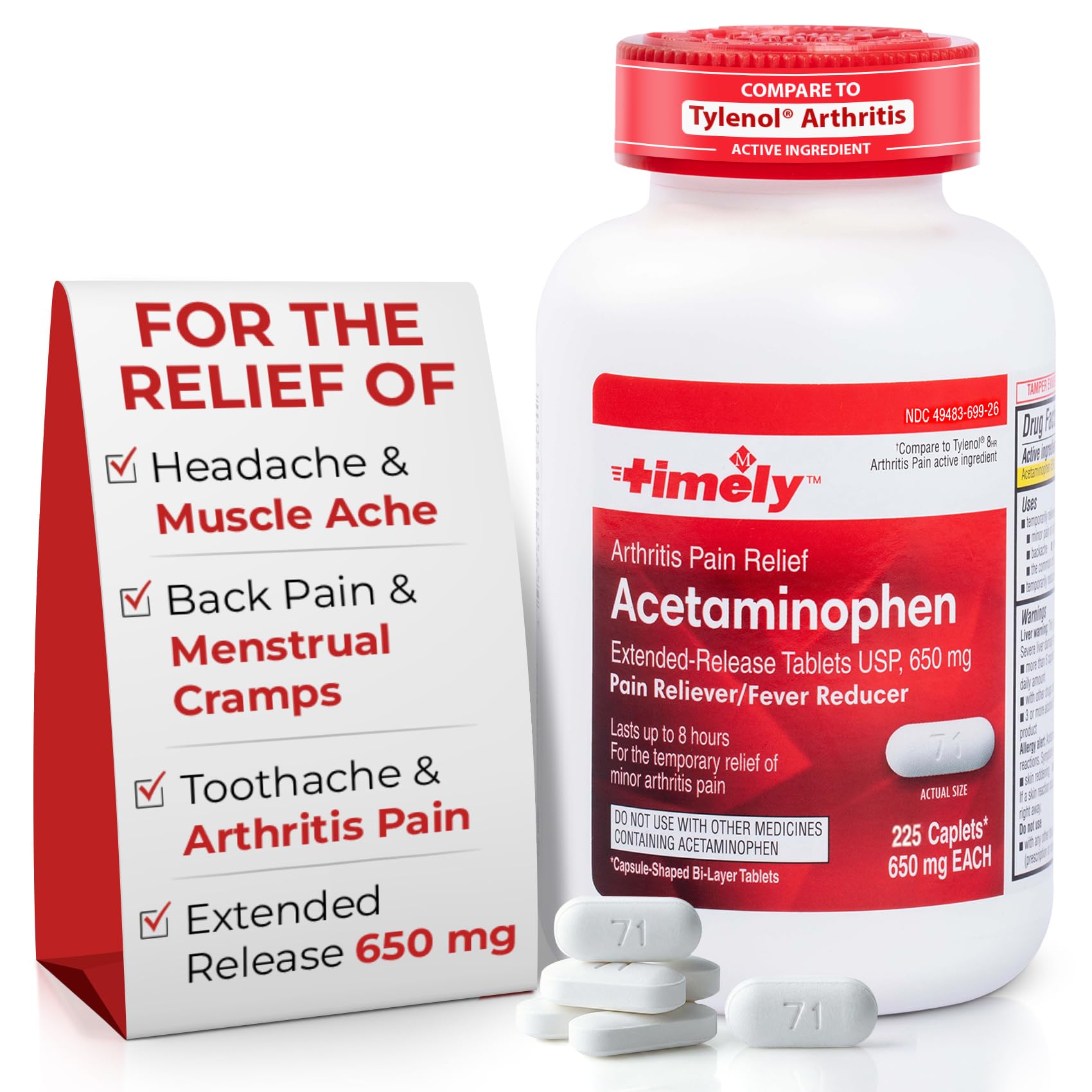 TIME-Cap Labs 225 Caplets Extended Release Acetaminophen 650mg - Pain Reliever & Fever Reducer for Adults, Helps with Headaches, Backaches, Muscle Pain, Toothaches & Menstrual Cramps