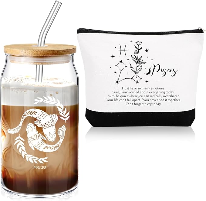 Sliner 2 Set Christmas Zodiac Gift for Women 16 oz Celestial Zodiac Signs Glass Cup with Lids Straws Horoscope Flower Sign Make up Bag 12 Constellations Thanksgiving Gift for Men Birthday(Pisces)