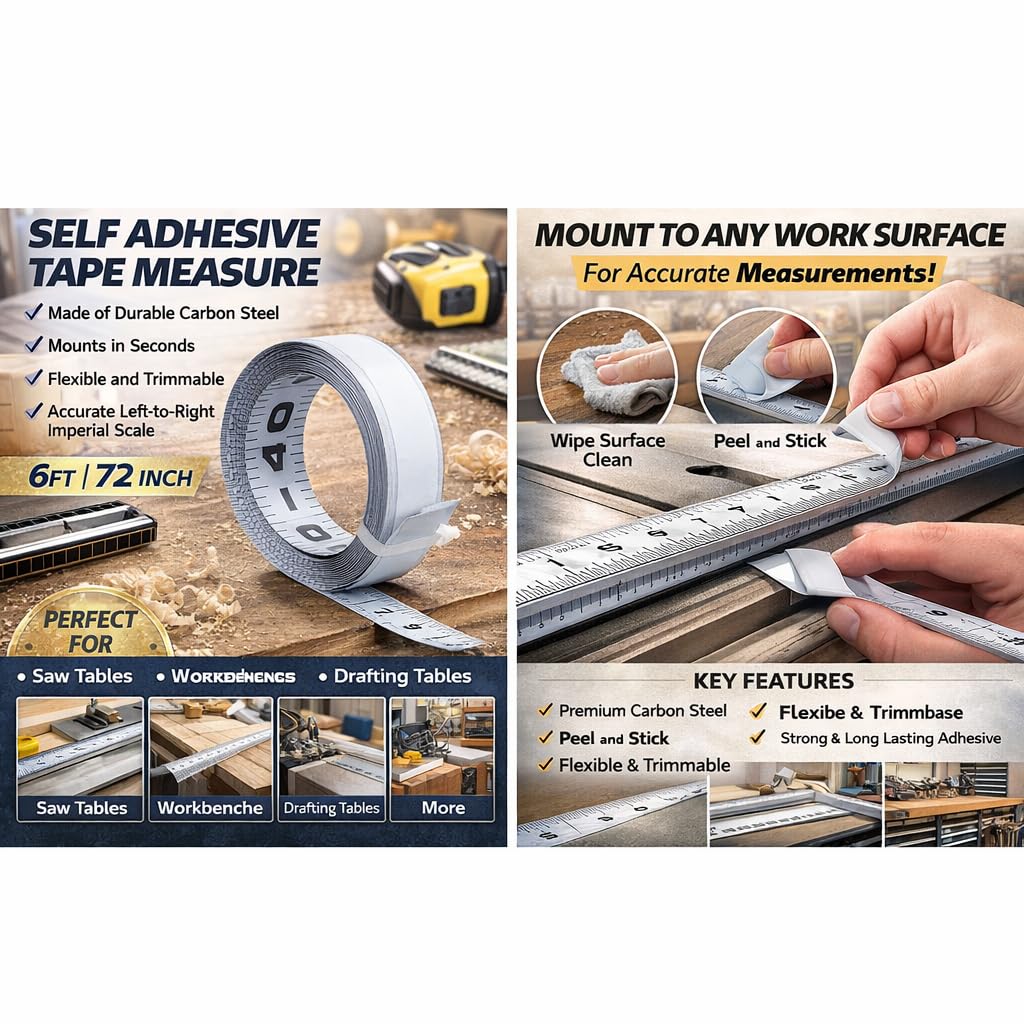 Carbon Steel Self Adhesive Measuring Tape Workbench Ruler 6ft 72inch Sticky Left to Right Tool for Woodworking Sawing Drafting Table
