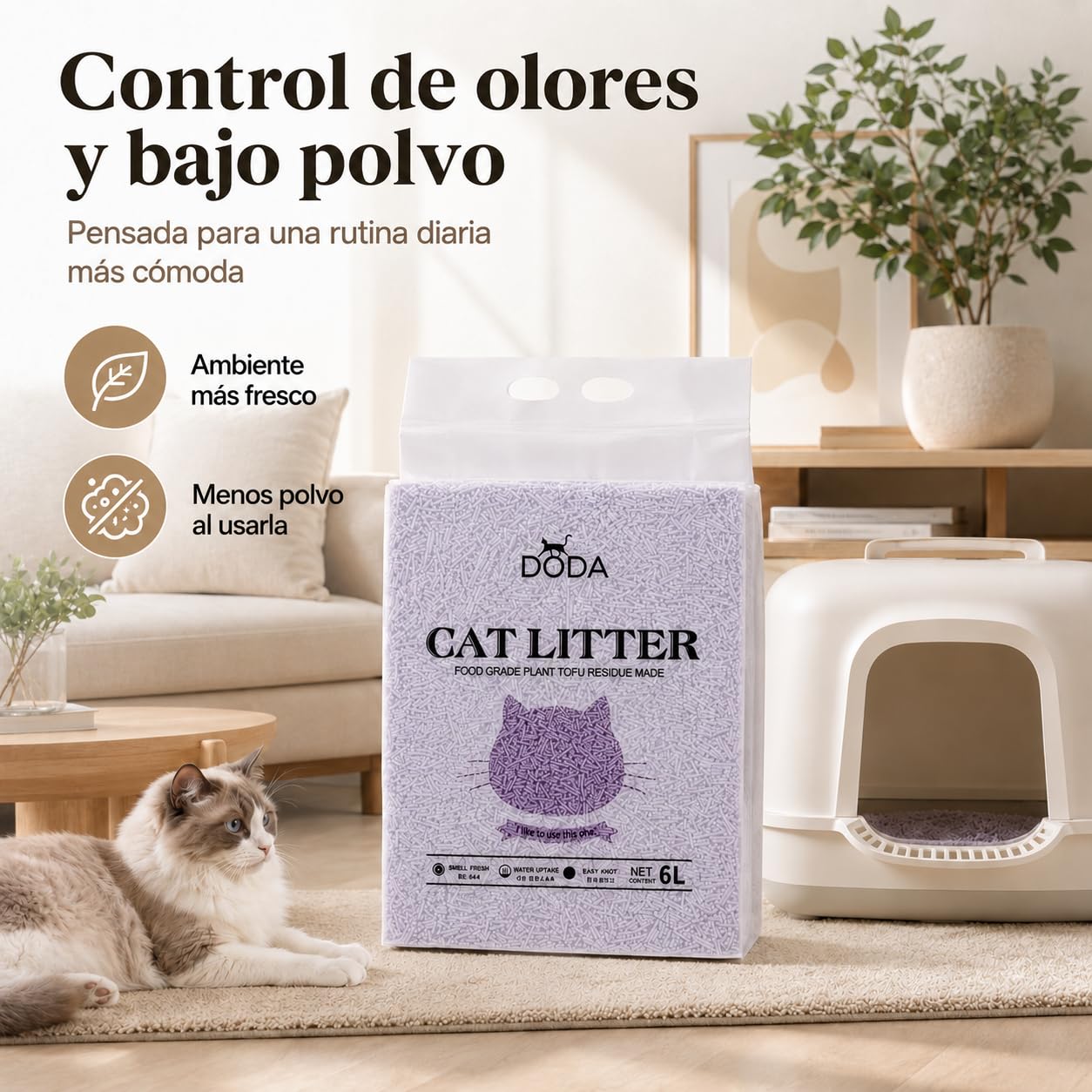 Arena Tofu Gatos 8kg DODA – Arena Aglomerante para Gatos, Arena Vegetal de Tofu Biodegradable, Bajo Polvo, Control de Olores, Absorción Rápida, Aroma Lavanda