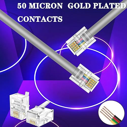 Vista 17 de Paquete de 3 cables de extensión de teléfono de 1 pie con enchufes RJ11 6P4C estándar para teléfono fijo y fax (3, negro, 1 pie) Negro