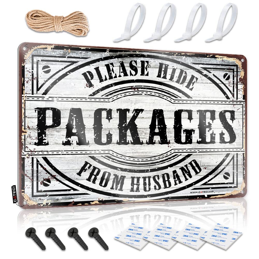 HELIOFORGE Bar Funny Signs Please Hide Packages From Husband Tin Sign Boys Room Decor Teenager Metal Bar Signs(30X40CM)