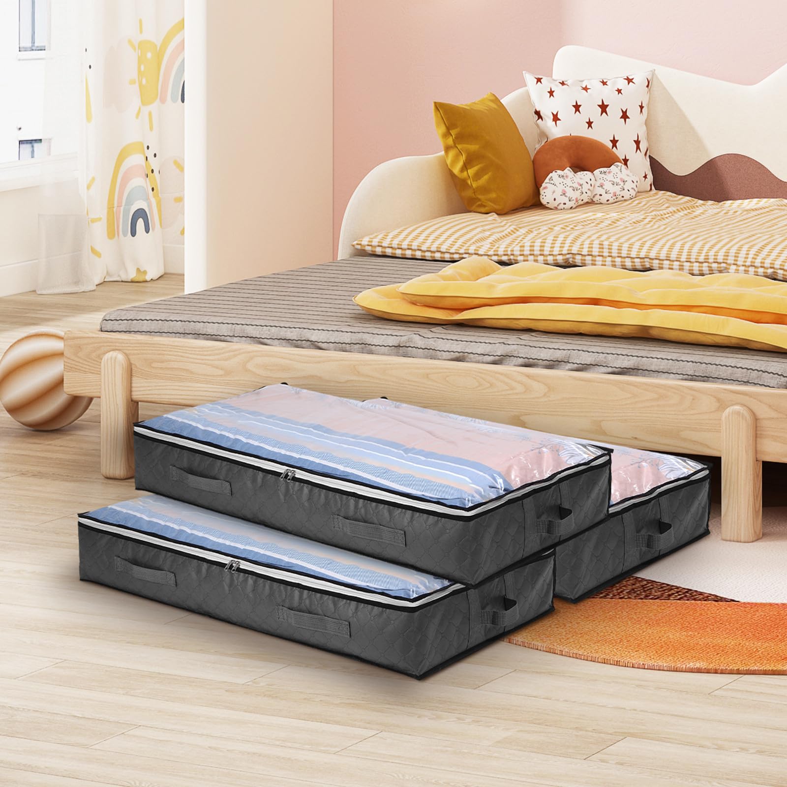 Homoyoyo Bolsas de Almacenamiento Debajo Cama 4 Unidades H Tamaño Grande Tela Resistente Color Gris Oscuro Ventana Transparente Asas Reforzadas para Ropa de Cama y Edredones Organizador