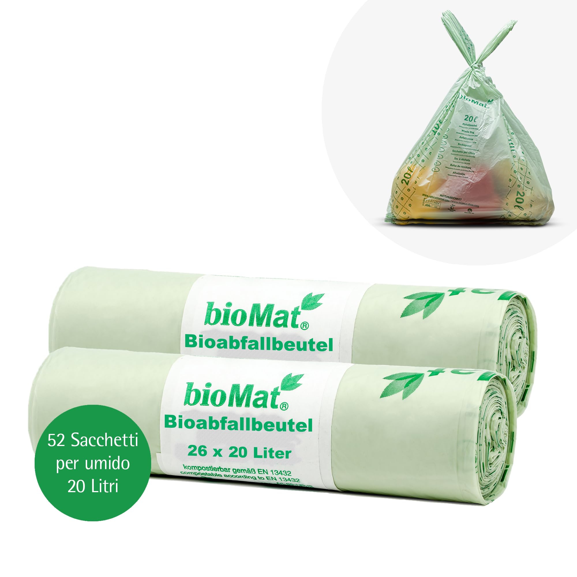 bioMat Sacchetti Compostabili 20l con Manici per Umido, 52 Sacchi, Qualità Premium, Certificati DINplus, Neutrali dal Punto di Vista Climatico, Made in Germany