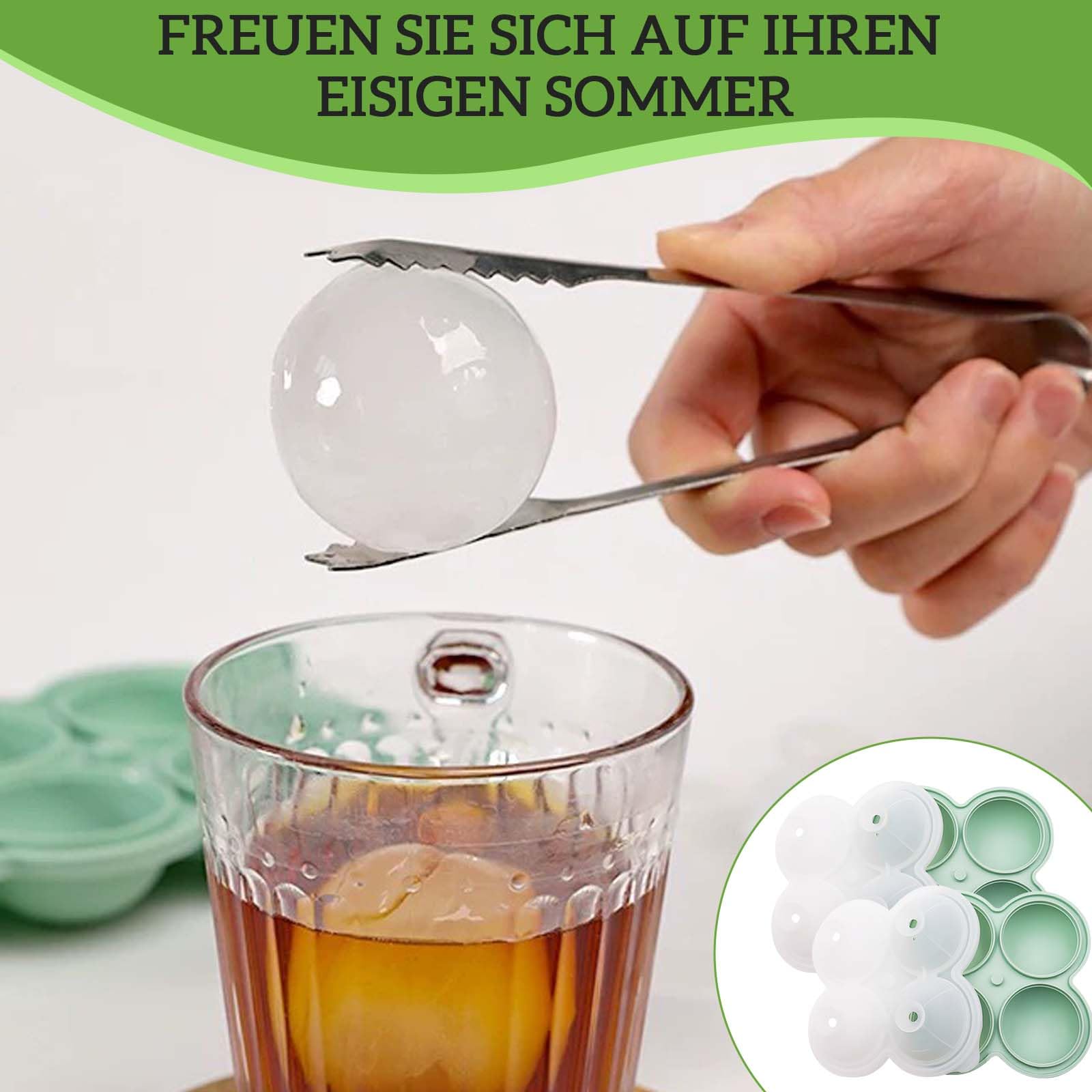 2er-Pack Eiswürfelform Silikon, 8 runde Eiswürfel 6 cm, Eiskugelform mit Deckel & Einfüllöffnung, BPA-frei, wiederverwendbar, für Whisky, Cocktails, Kaffee & Getränke (Grün)