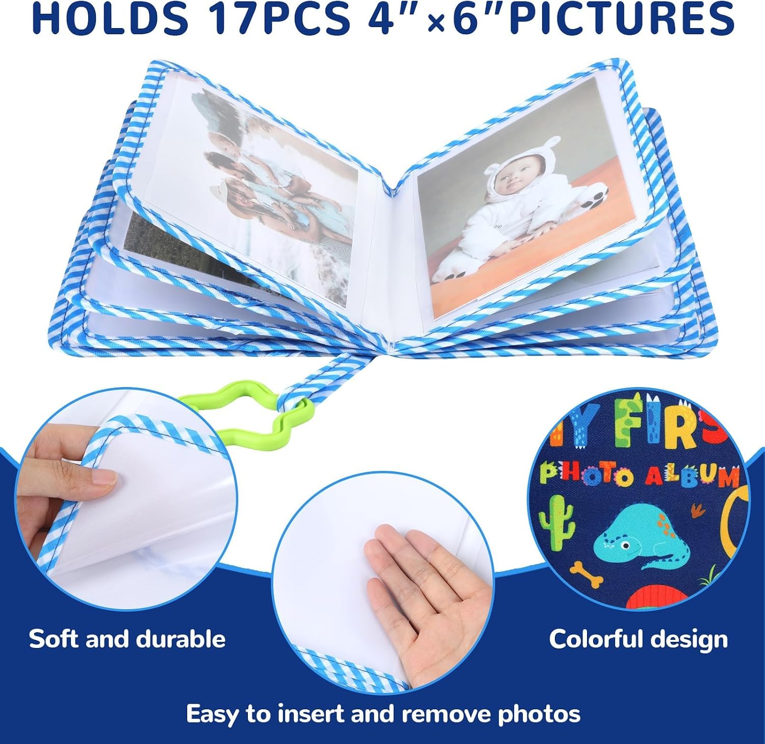 Baby's My First Family Album Soft Photo Cloth Book Blue Dinosaur My First Book of Photos Baby Memory Album Gift Holds 4x6 Pictures for Babies Newborn Toddler & Kids Baby Shower