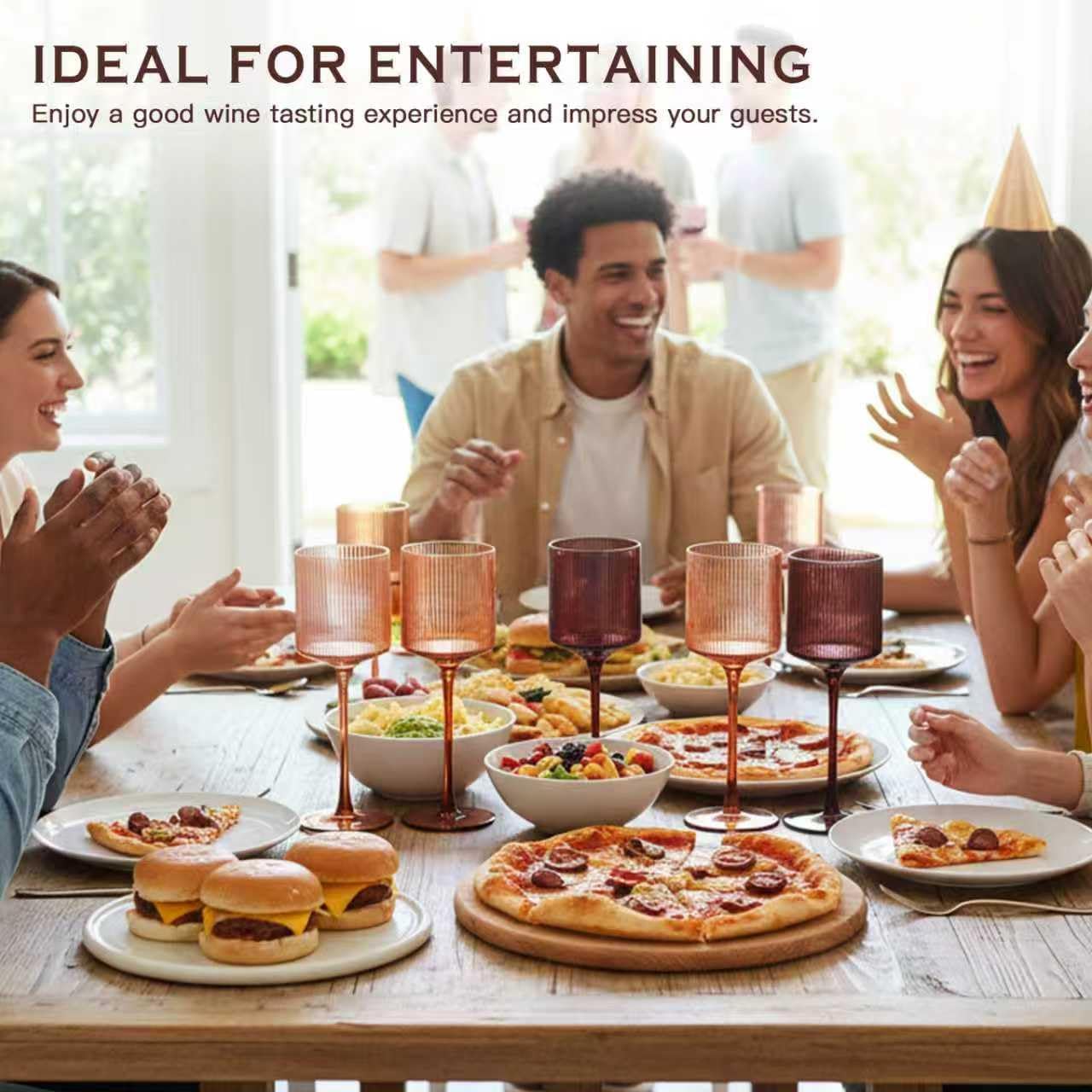 Melanin Colored Square Wine Glasses Set of 6, Elegant Ribbed Design Amber Crystal Glassware with Long Stem, 11.5oz Hand Blown Red & White Wine Stemware For Home Bar Deco,Party,Wine Dinner- Multicolour