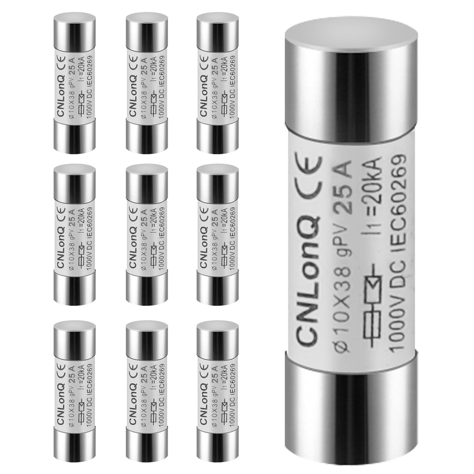 DEWIN Fusibles fotovoltaicos,Fusible Fotovoltaico Solar DC1000V 25A Fusibles Solares 10X38 mm Enlace de Fusible Tipo gPV,para Protección del Sistema Solar Fotovoltaico (25A)