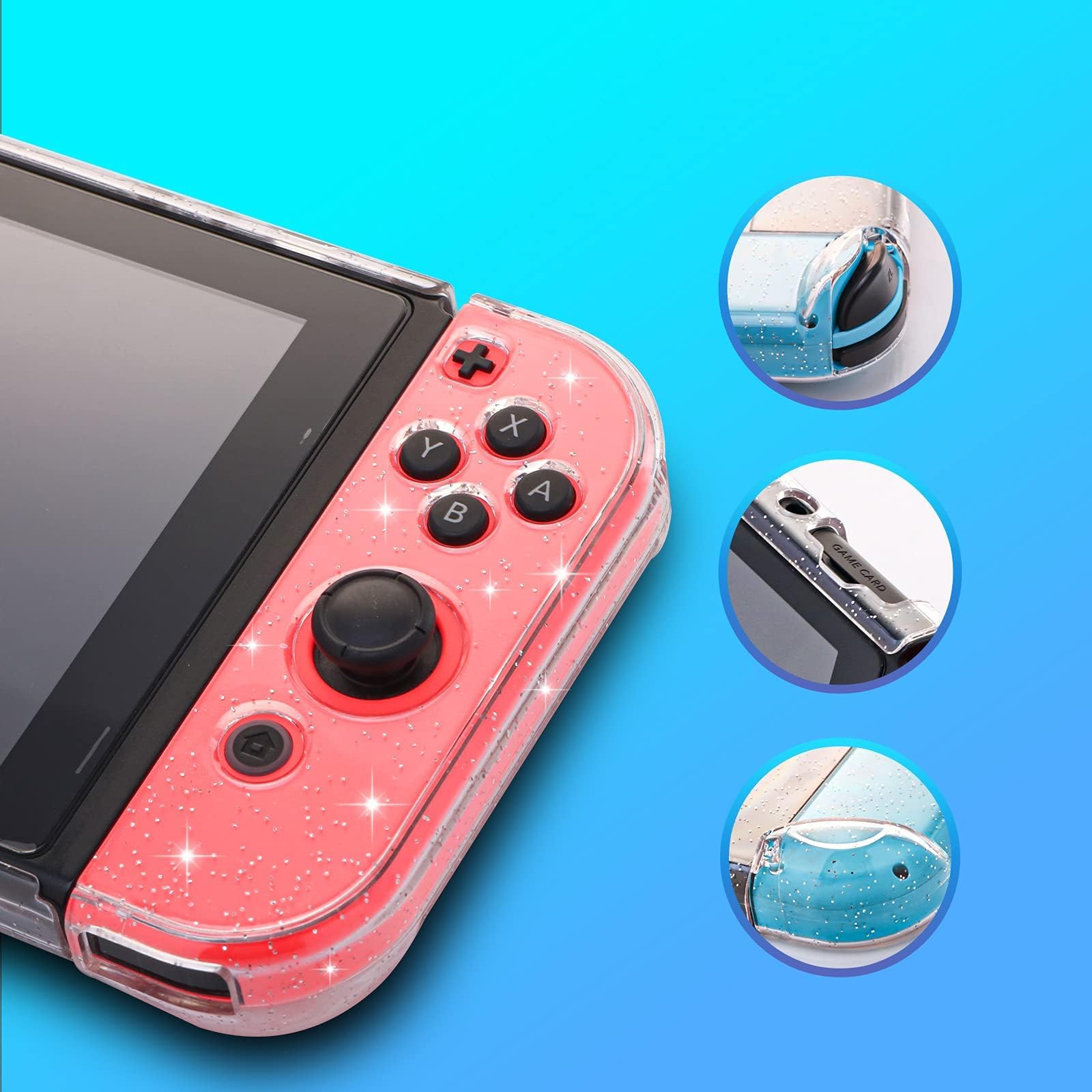 Switch Glitzer Hülle, Switch Schutzhülle mit Panzerglas Schutzfolie und Daumengriffkappen