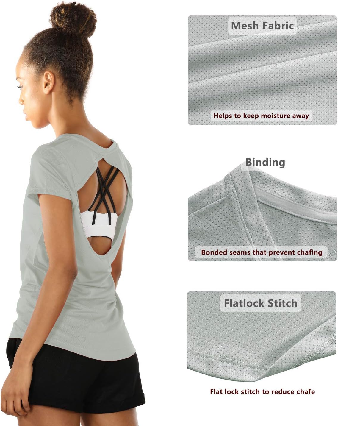 icyzone Activewear Fitness Yoga Tops Workout V Neck Open Back T-Shirts for Women(Pack of 2)