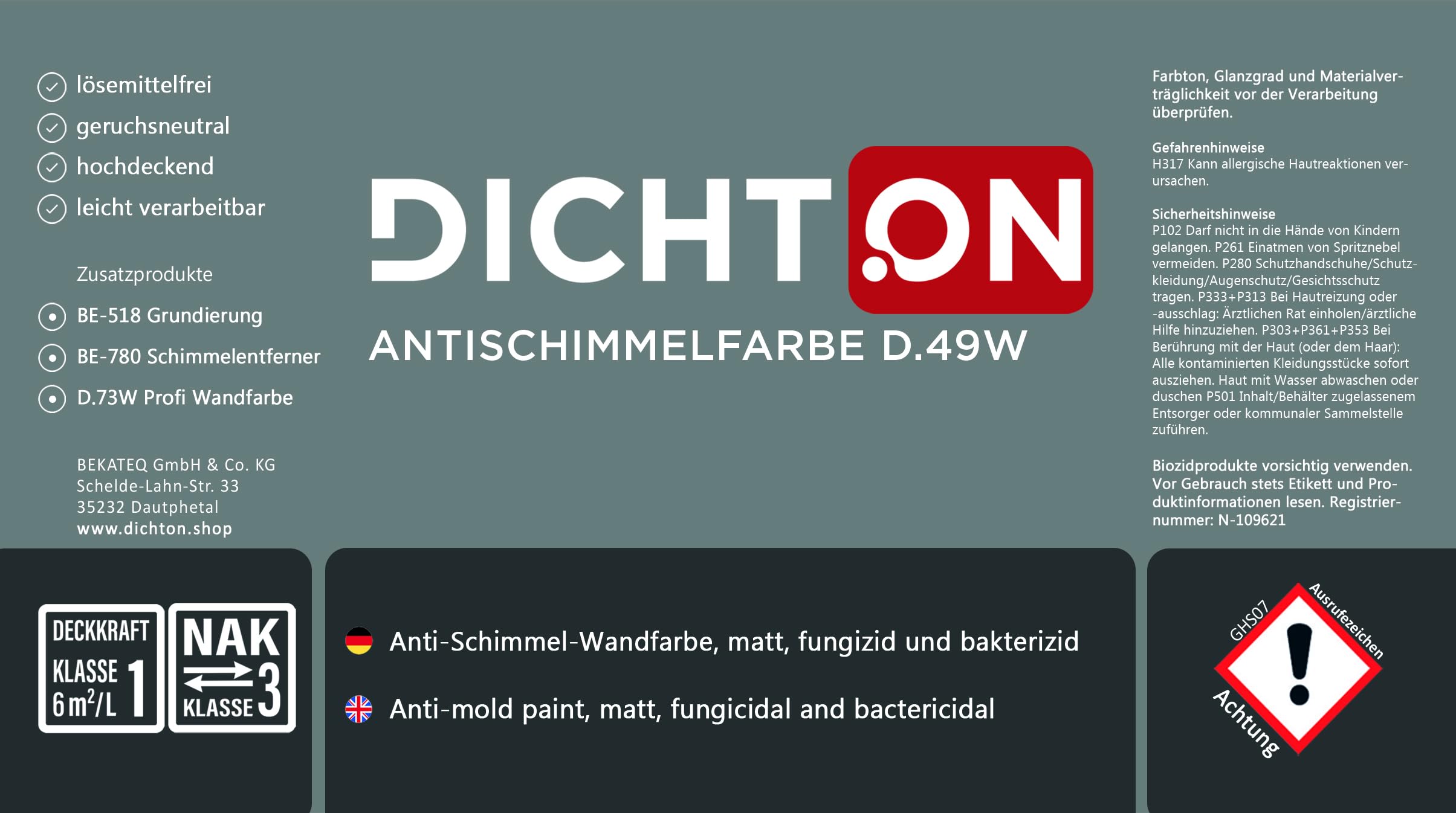 DICHTON Anti Schimmel Farbe 5l weiß matt - Feuchtraumfarbe, Antischimmelfarbe, Wandfarbe mit hoher Deckkraft und Reichweite, lösemittel- und weichmacherfrei, atmungsaktiv D.49W