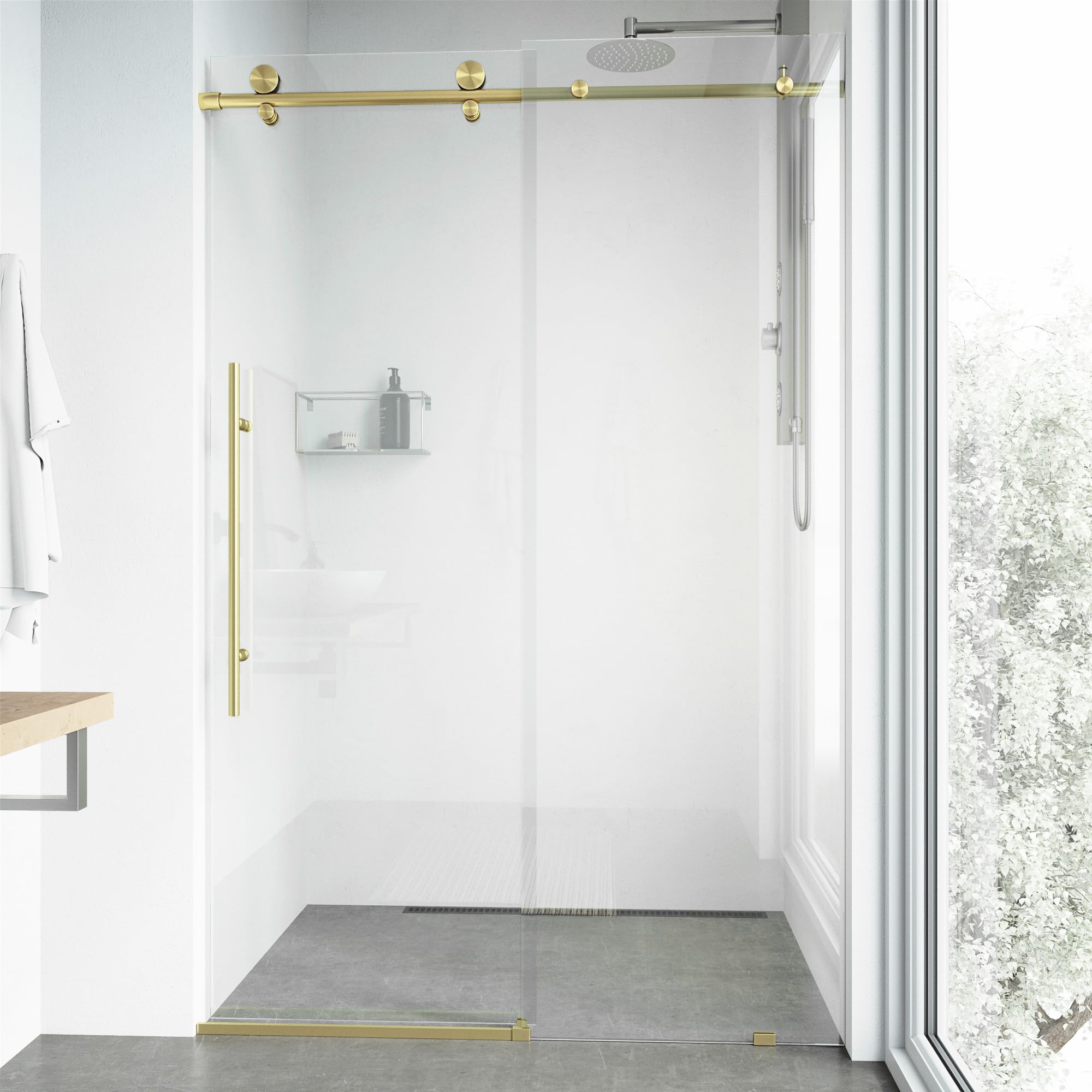 vigo elan e-class 60 to 64 in. w x 76 in. h sliding frameless shower door in matte brushed gold with 3/8 clear glass-vg6021mgcl6476