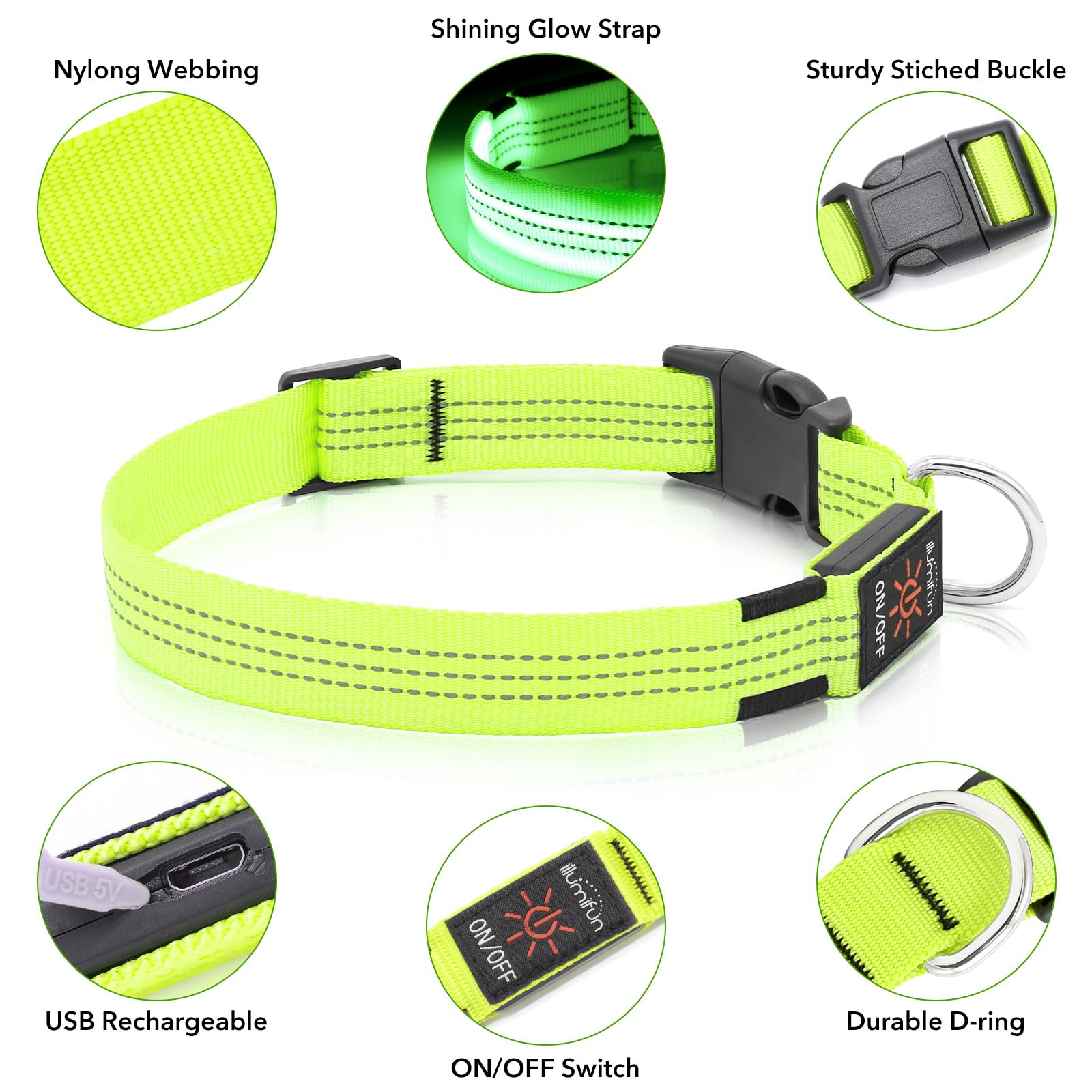 Collier pour chien Illumifun rechargeable par USB avec LED, collier lumineux réfléchissant pour chien, collier pour chien avec éclairage pour la marche nocturne (VertⅢ, Grand)