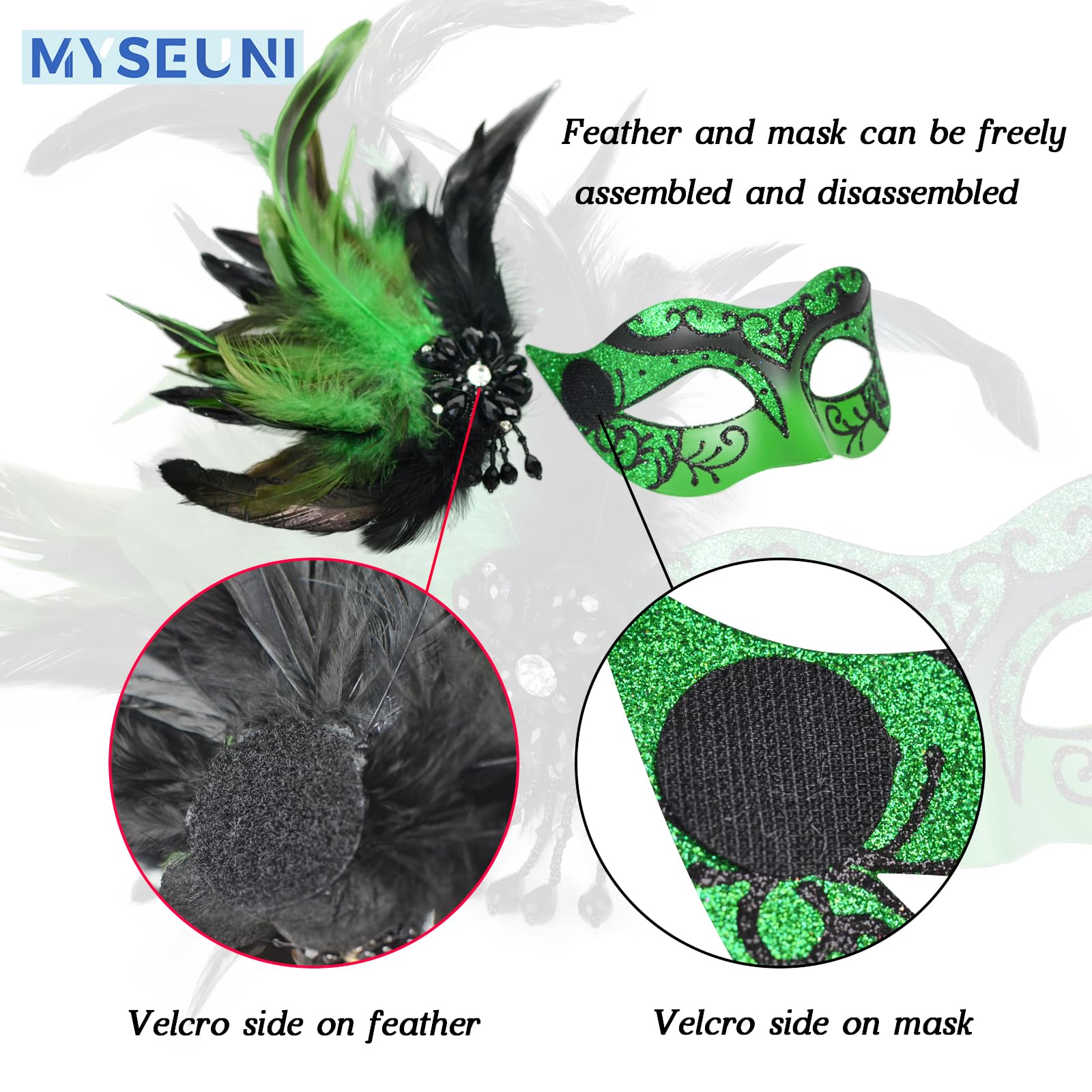 MYSEUNI 2024 New Green Masquerade Mask with Feathers - Image 3
